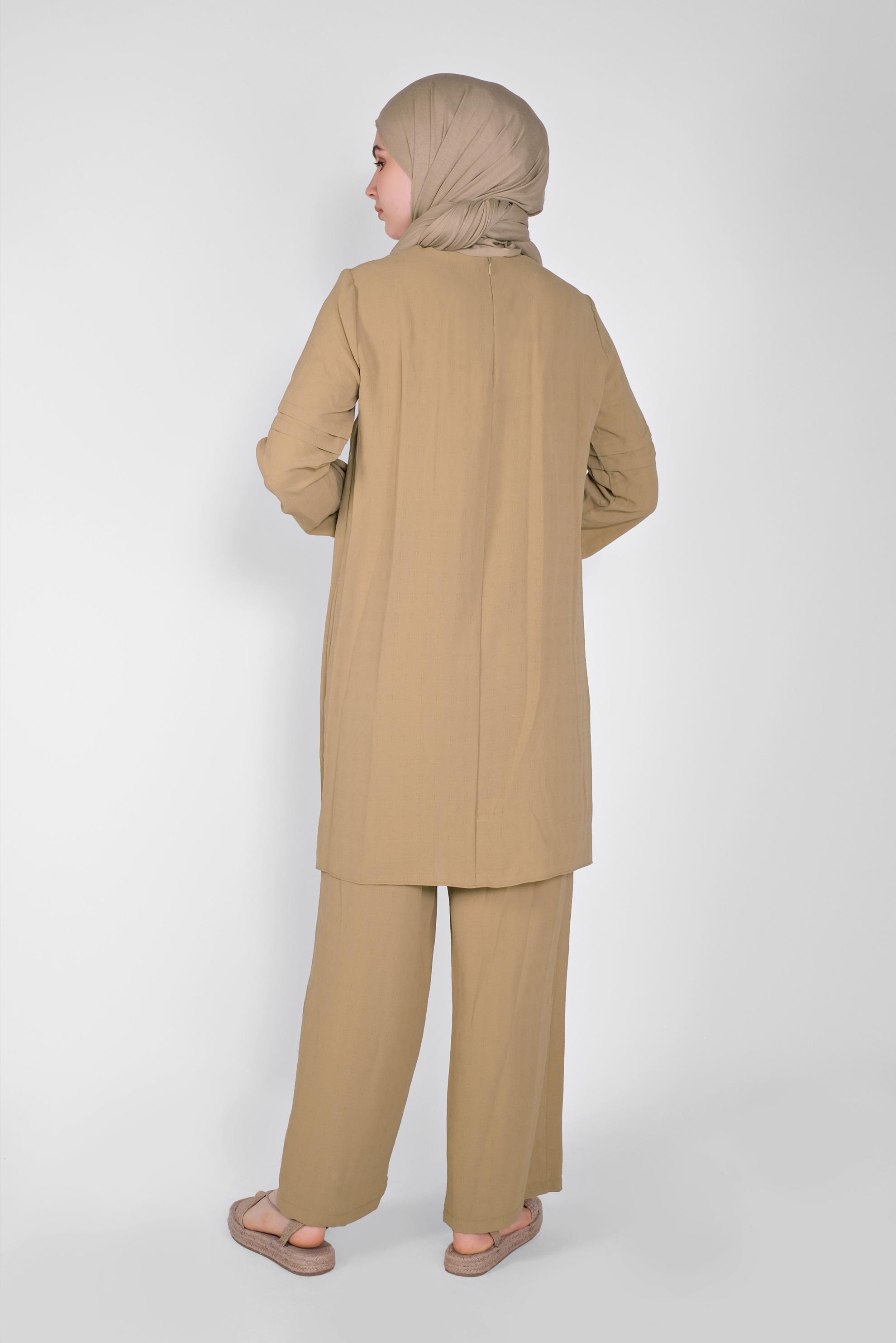 Tesettür giyim KAHVE DANTEL DETAYLI PANTOLONLU TAKIM 40809 