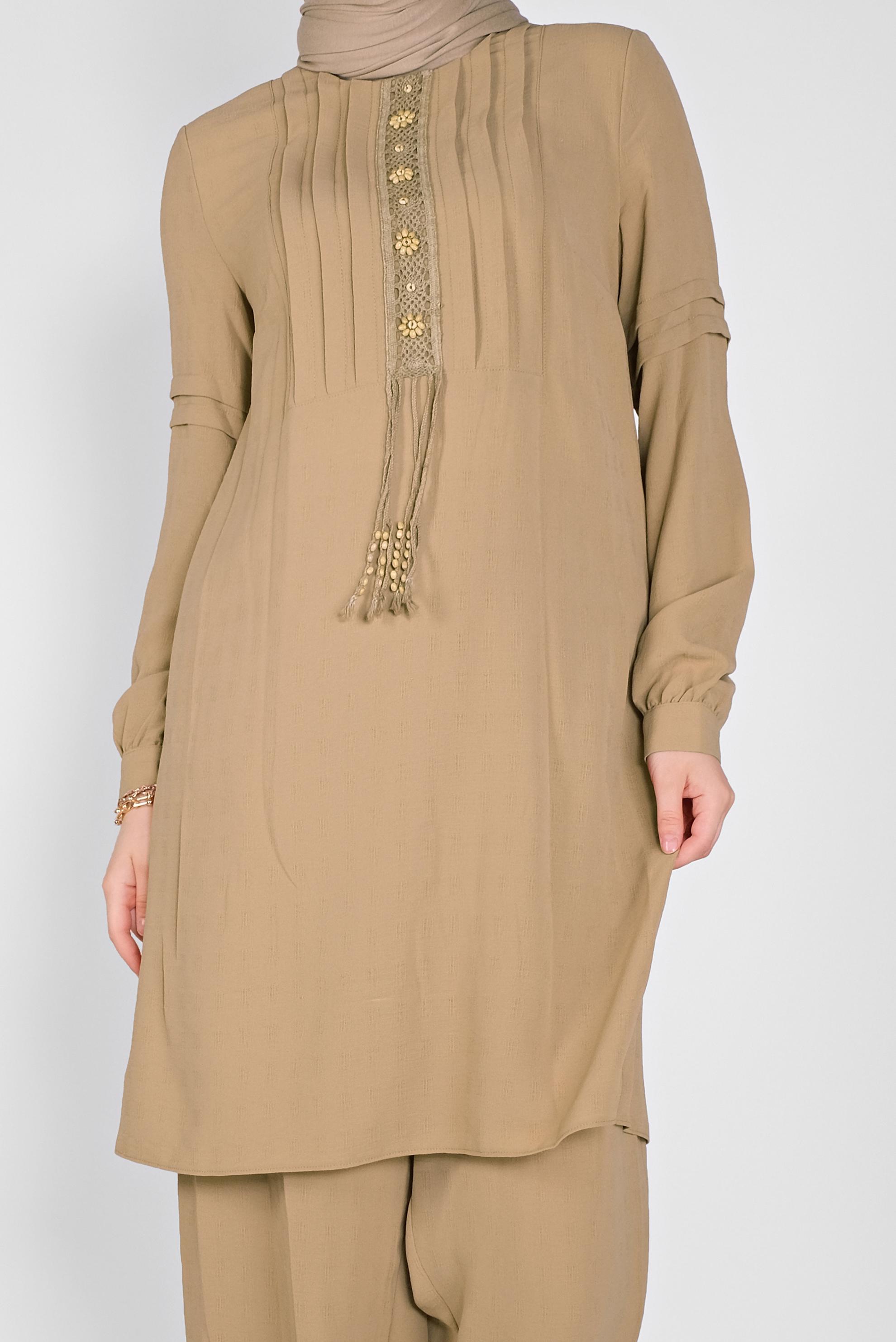 Tesettür giyim KAHVE DANTEL DETAYLI PANTOLONLU TAKIM 40809 