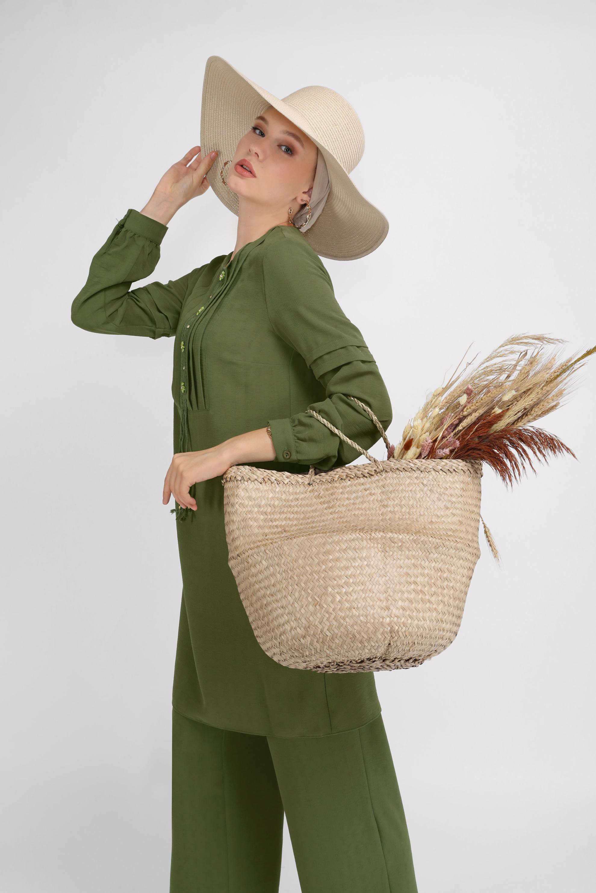 Tesettür giyim HAKİ DANTEL DETAYLI PANTOLONLU TAKIM 40809 