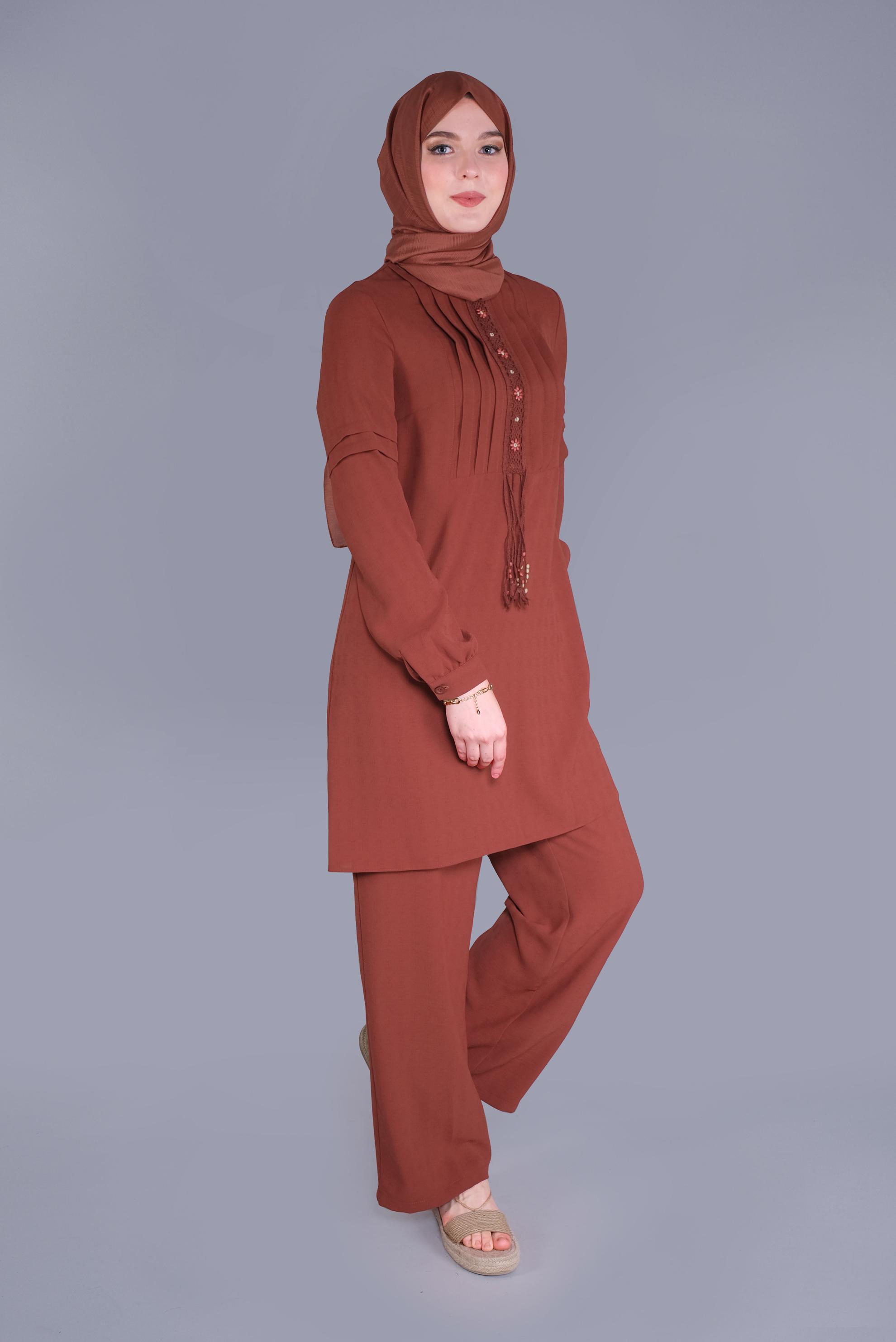 Tesettür giyim TURUNCU DANTEL DETAYLI PANTOLONLU TAKIM 40809 