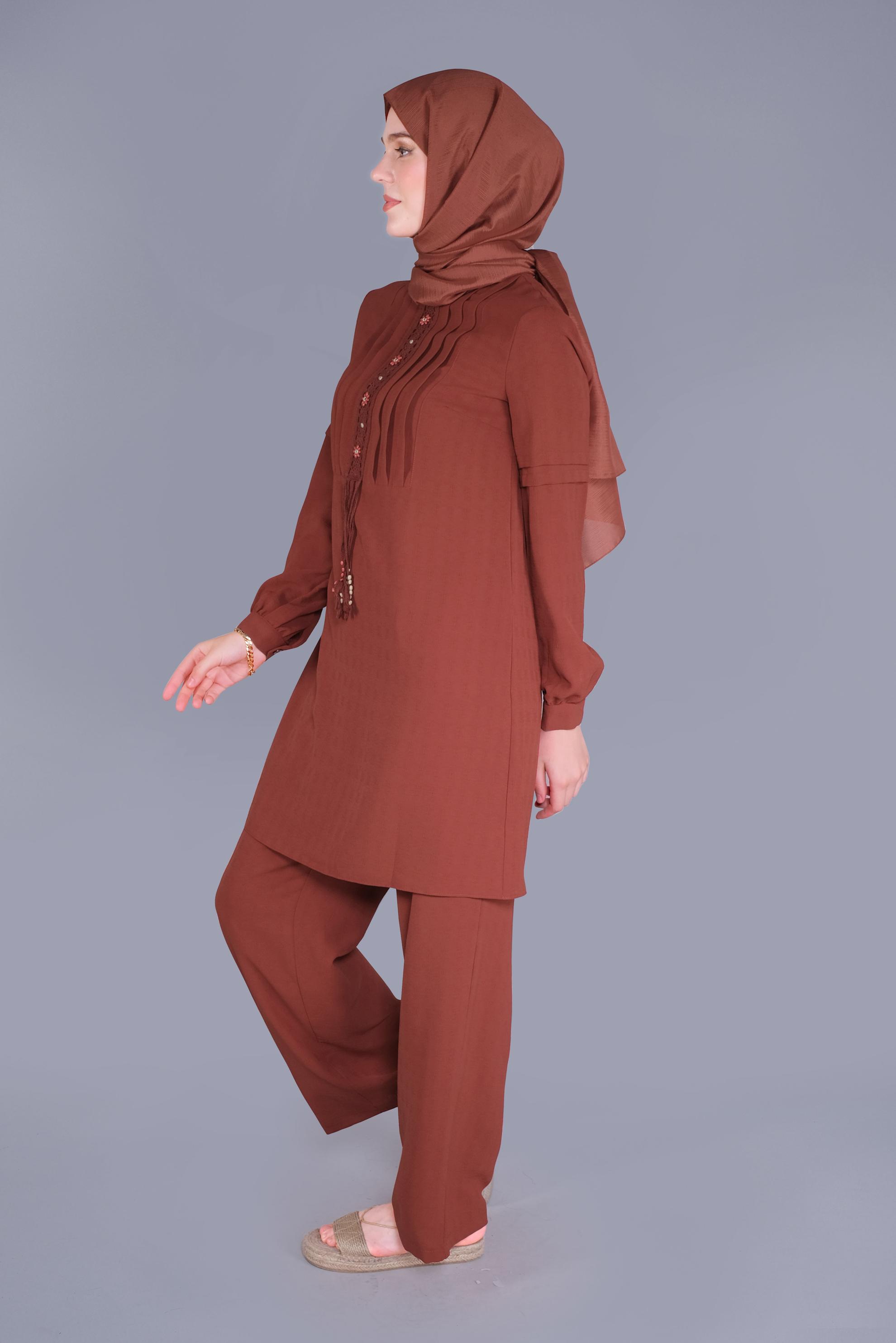 Tesettür giyim TURUNCU DANTEL DETAYLI PANTOLONLU TAKIM 40809 