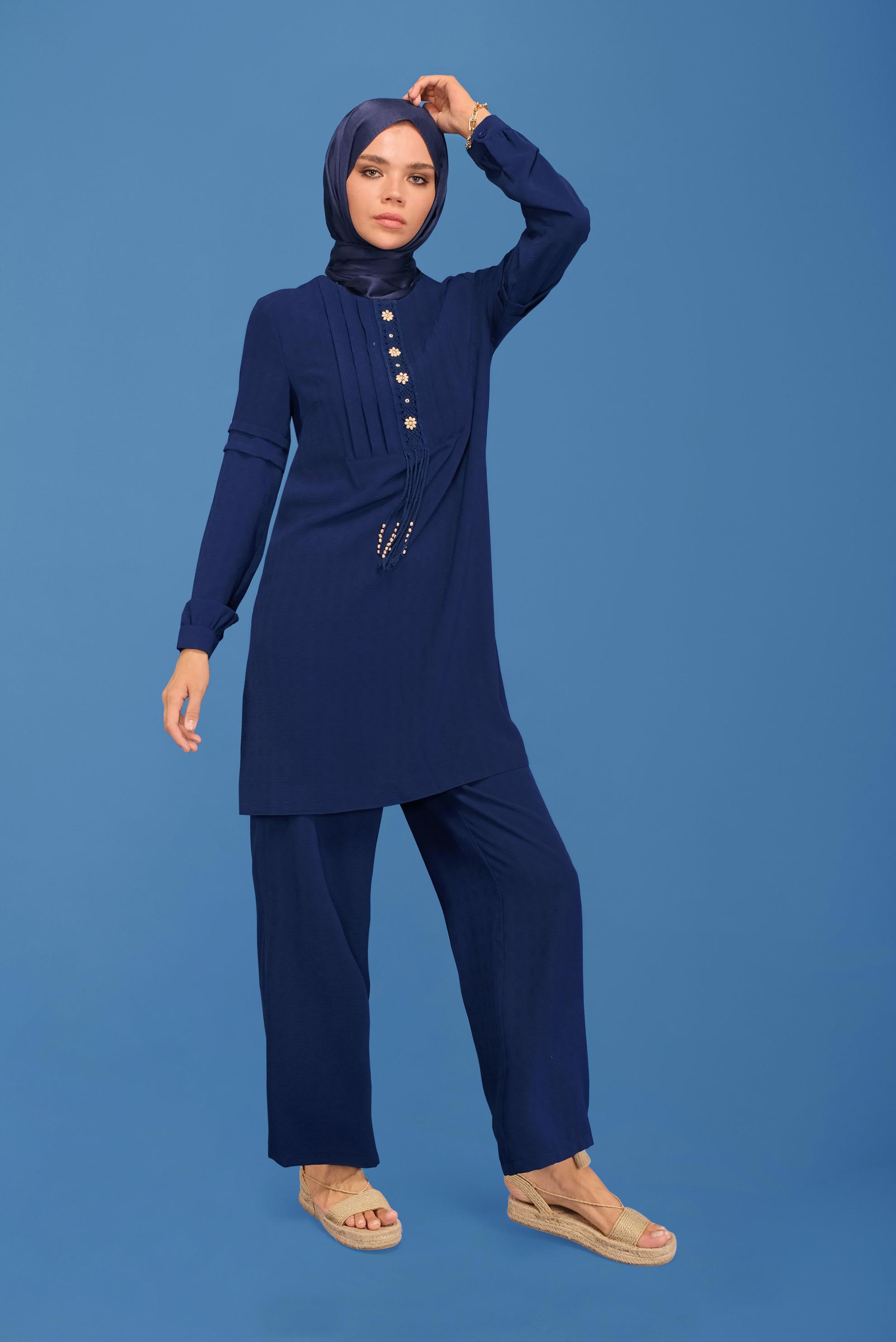Tesettür giyim LACİVERT DANTEL DETAYLI PANTOLONLU TAKIM 40809 