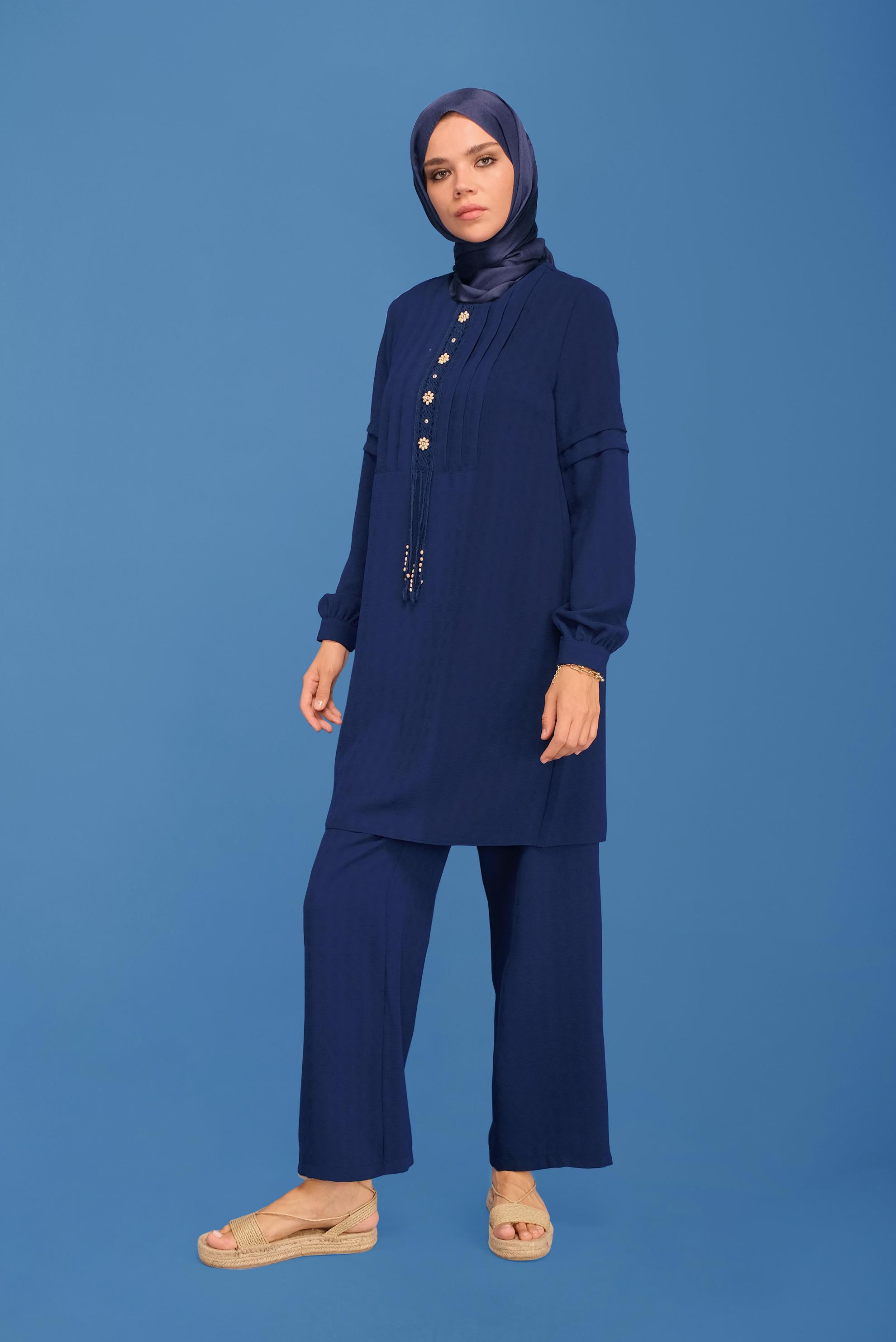 Tesettür giyim LACİVERT DANTEL DETAYLI PANTOLONLU TAKIM 40809 