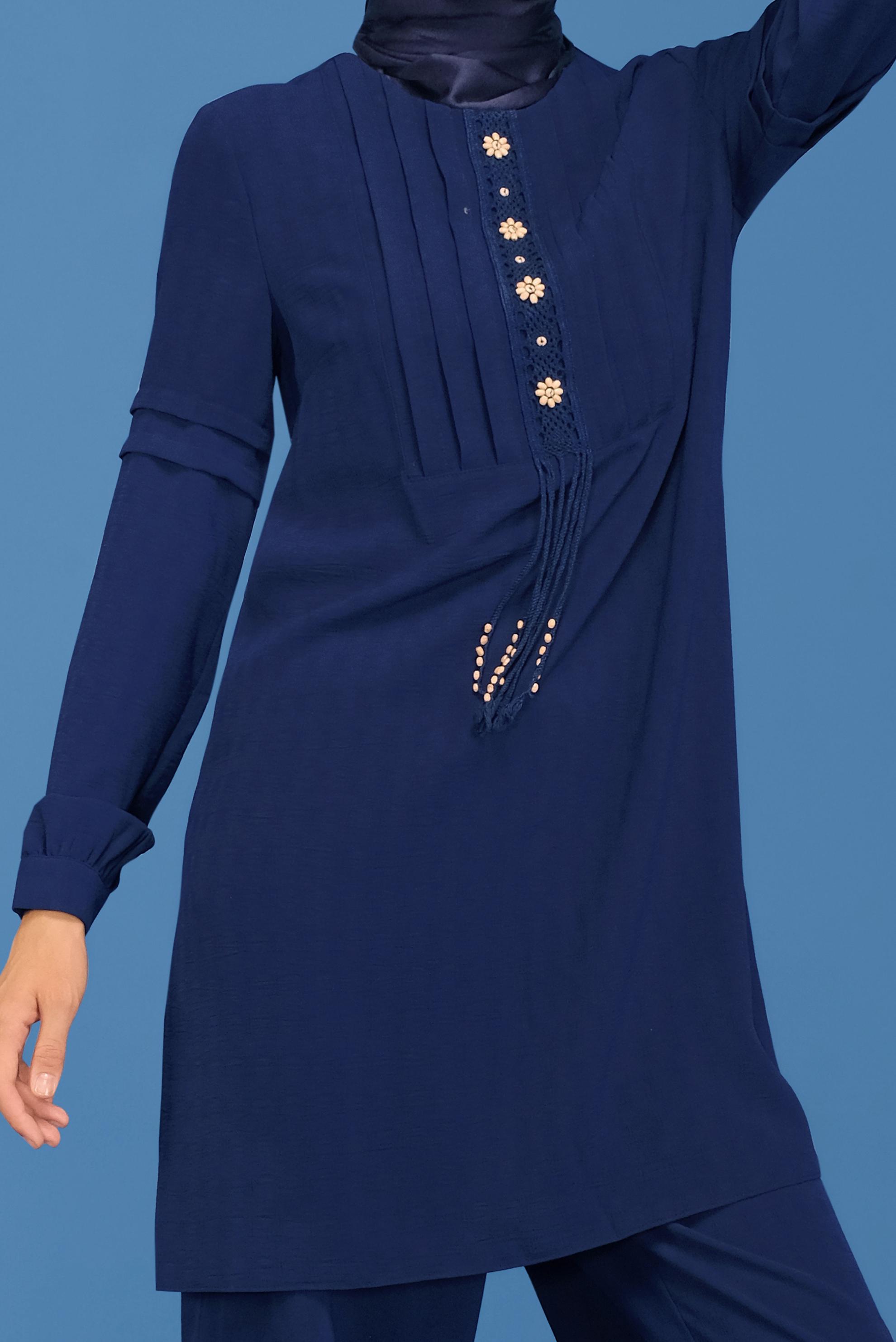 Tesettür giyim LACİVERT DANTEL DETAYLI PANTOLONLU TAKIM 40809 