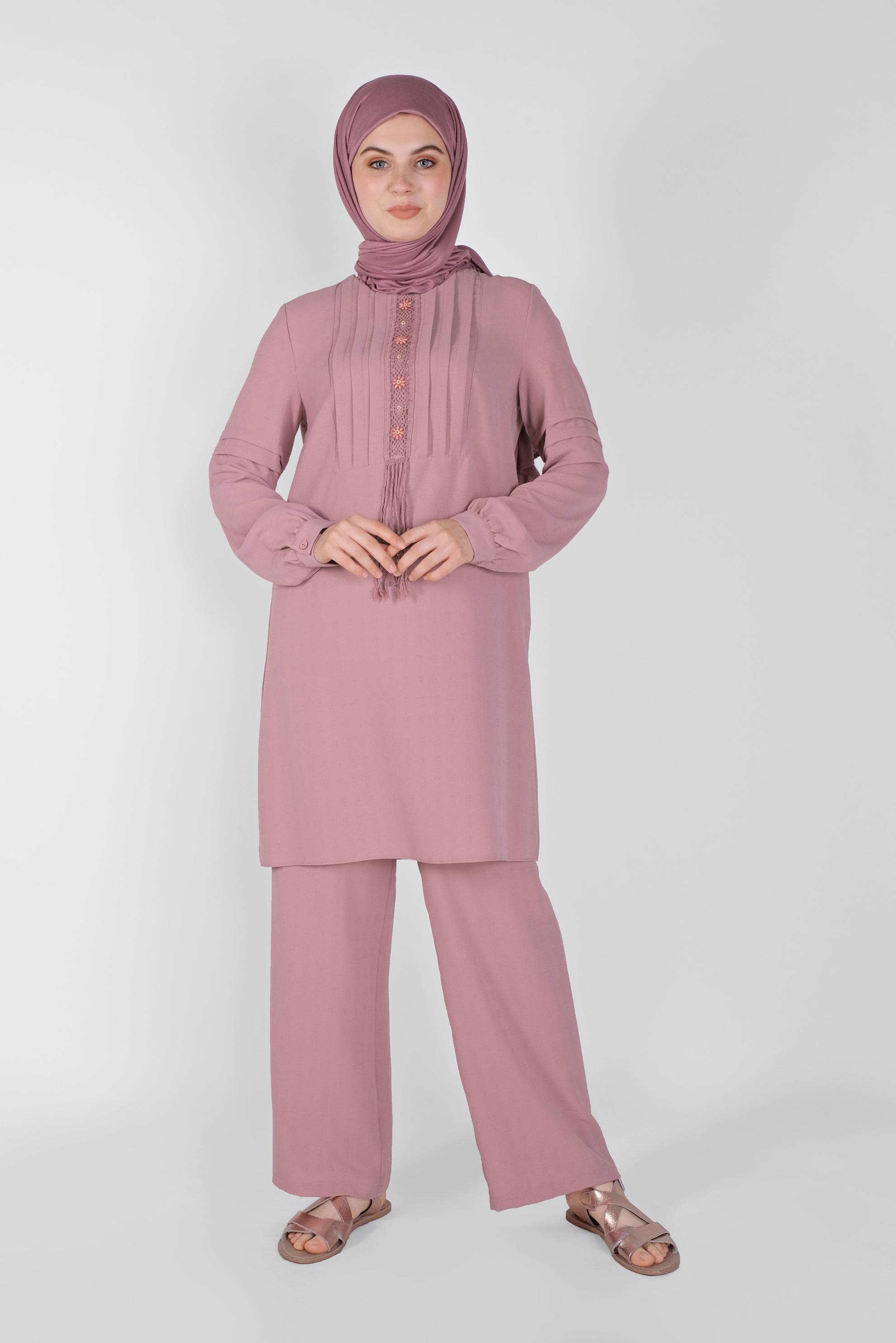 Tesettür giyim PUDRA DANTEL DETAYLI PANTOLONLU TAKIM 40809 