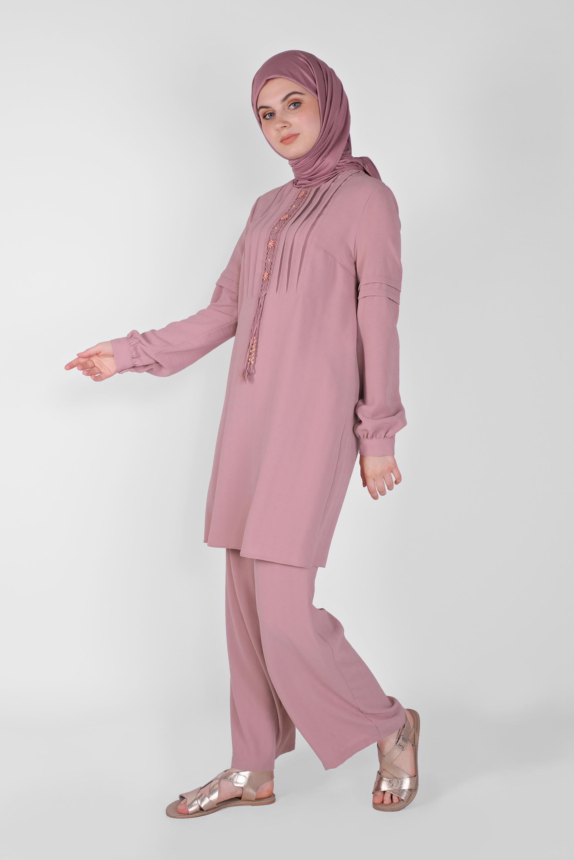 Tesettür giyim PUDRA DANTEL DETAYLI PANTOLONLU TAKIM 40809 