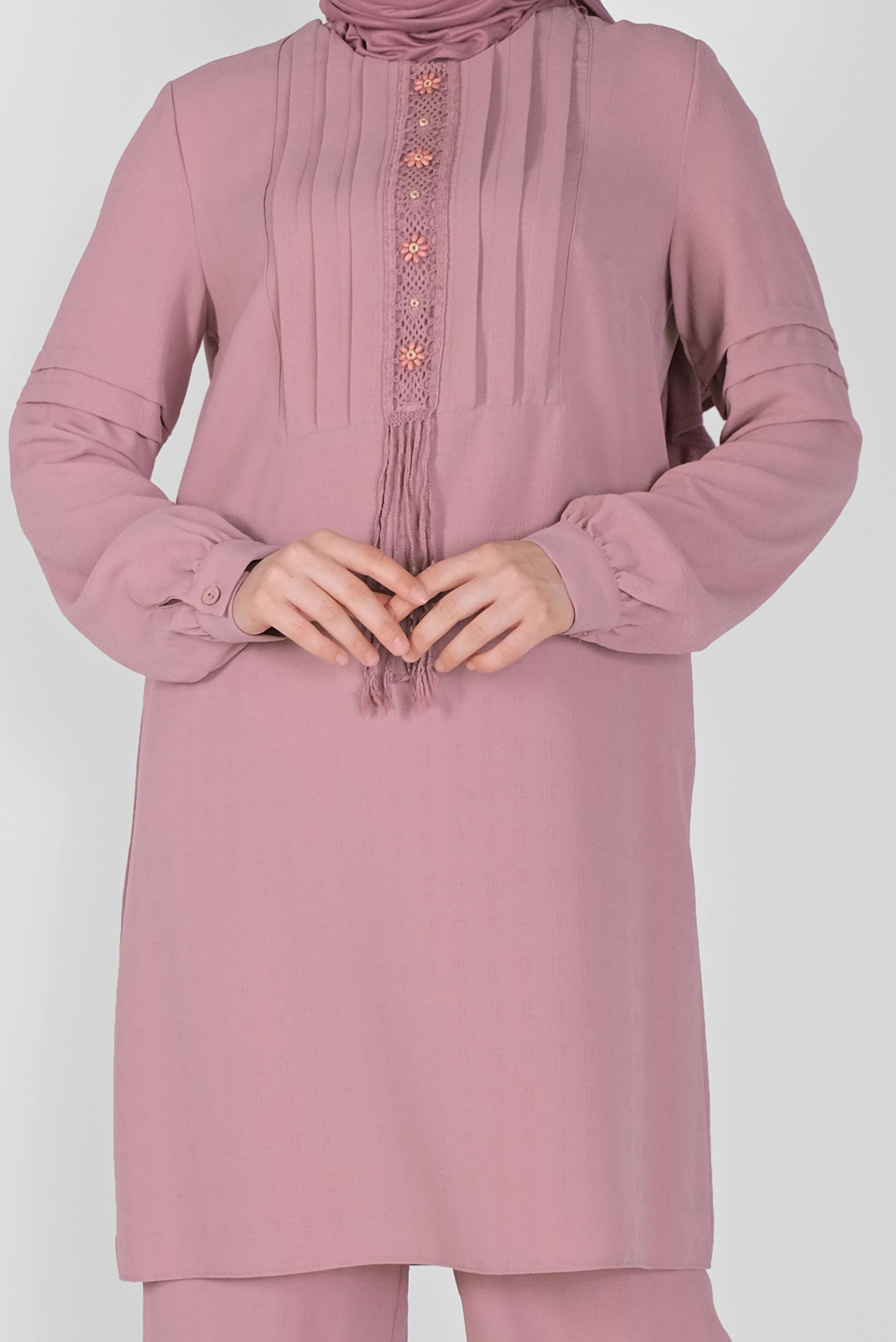 Tesettür giyim PUDRA DANTEL DETAYLI PANTOLONLU TAKIM 40809 