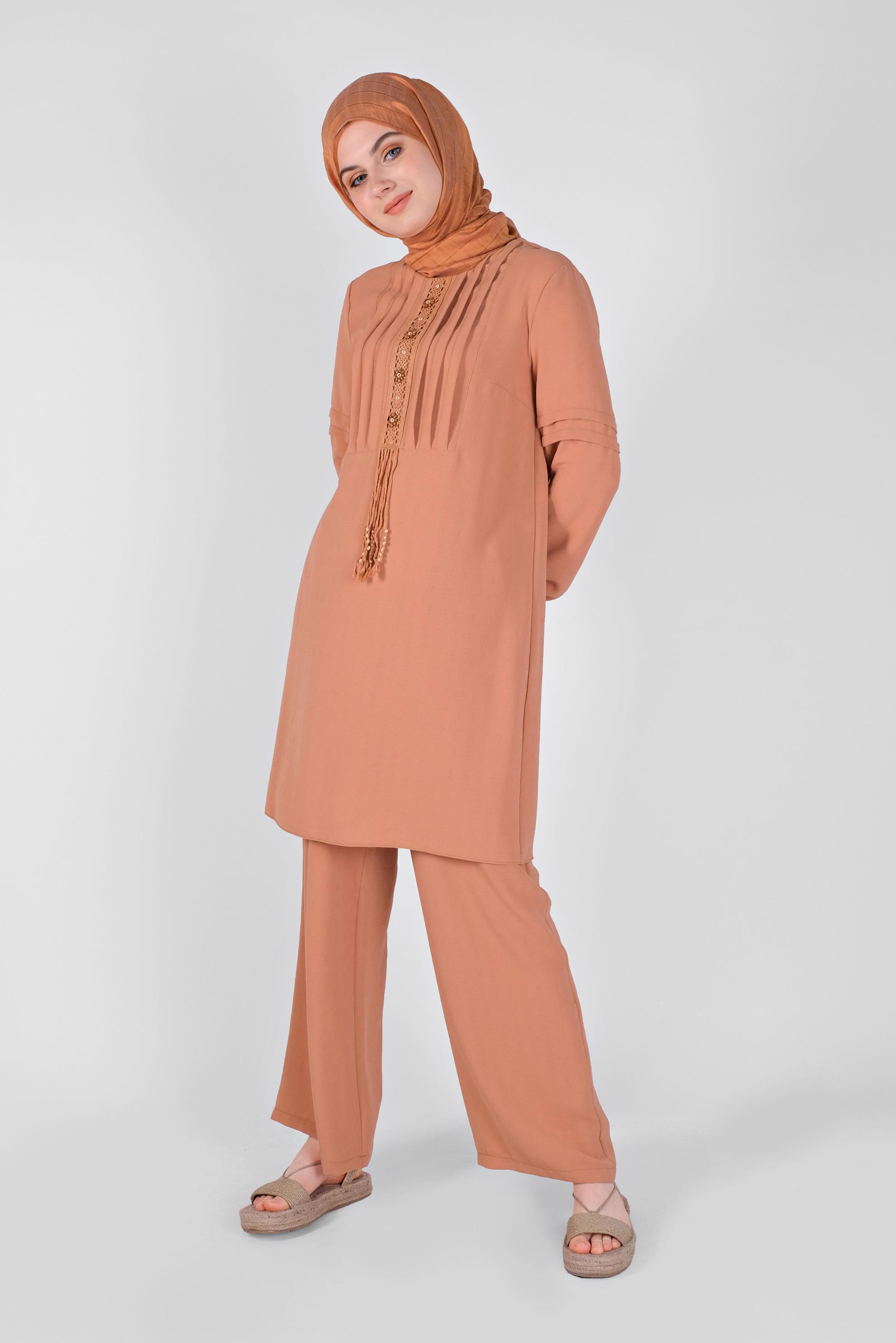 Tesettür giyim PEMBE DANTEL DETAYLI PANTOLONLU TAKIM 40809 