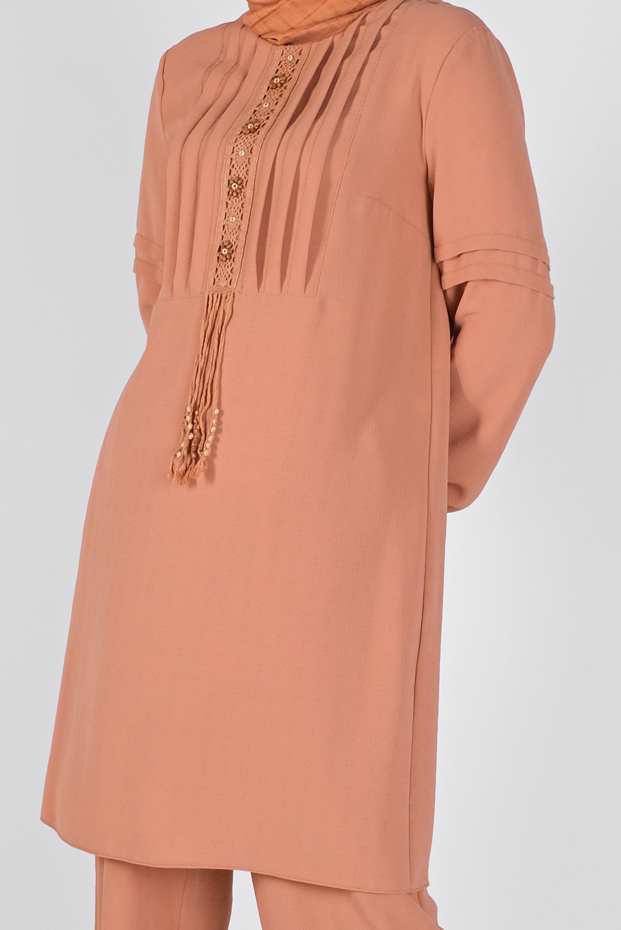 Tesettür giyim PEMBE DANTEL DETAYLI PANTOLONLU TAKIM 40809 