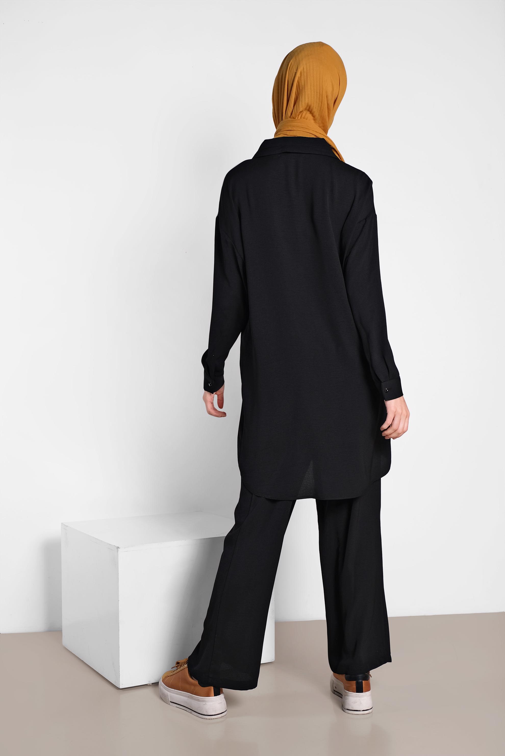 Tesettür giyim SİYAH YAKASI BAĞCIK DETAYLI DÜĞMELİ İKİLİ PANTOLON TAKIM 4325