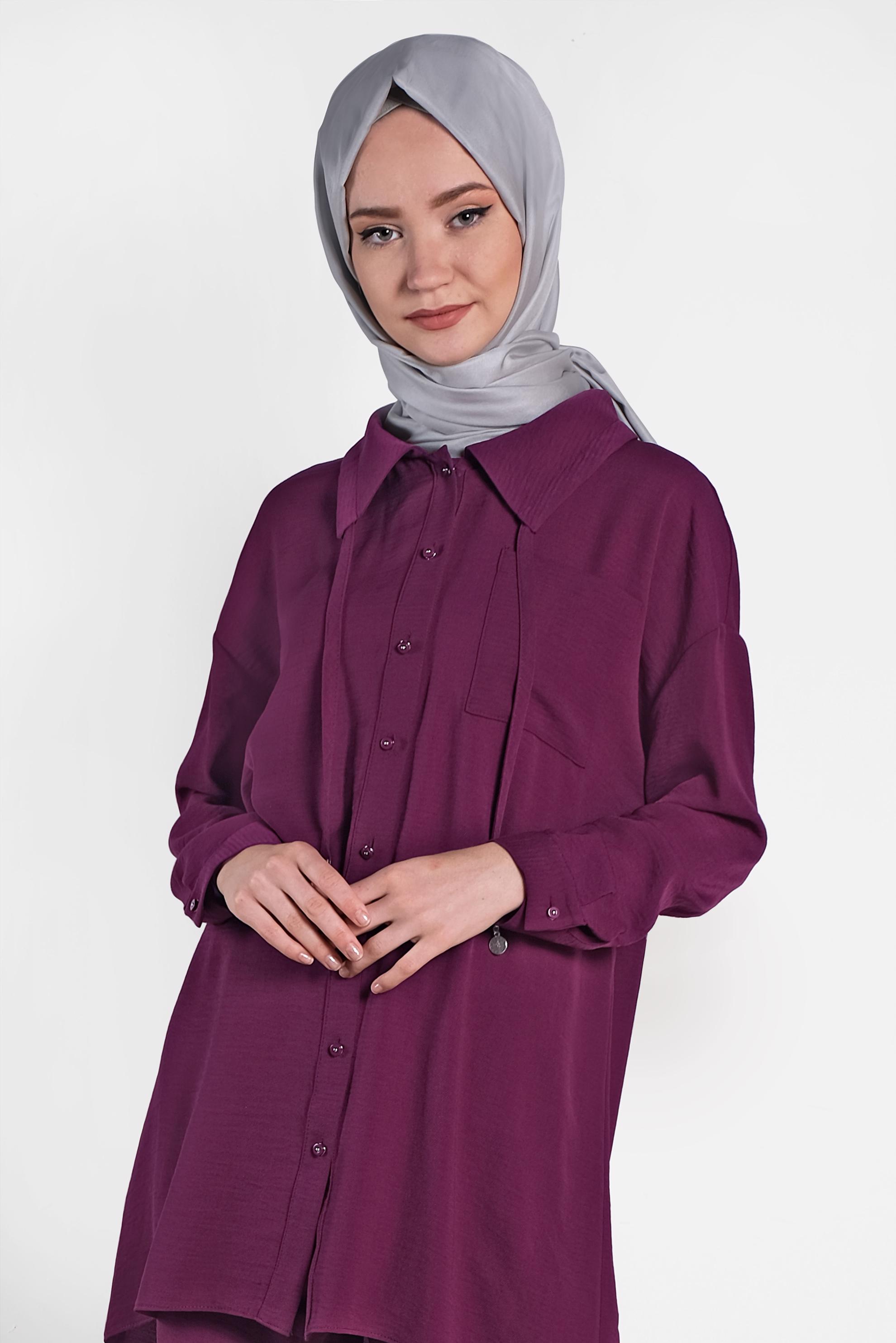 Tesettür giyim MOR YAKASI BAĞCIK DETAYLI DÜĞMELİ İKİLİ PANTOLON TAKIM 4325