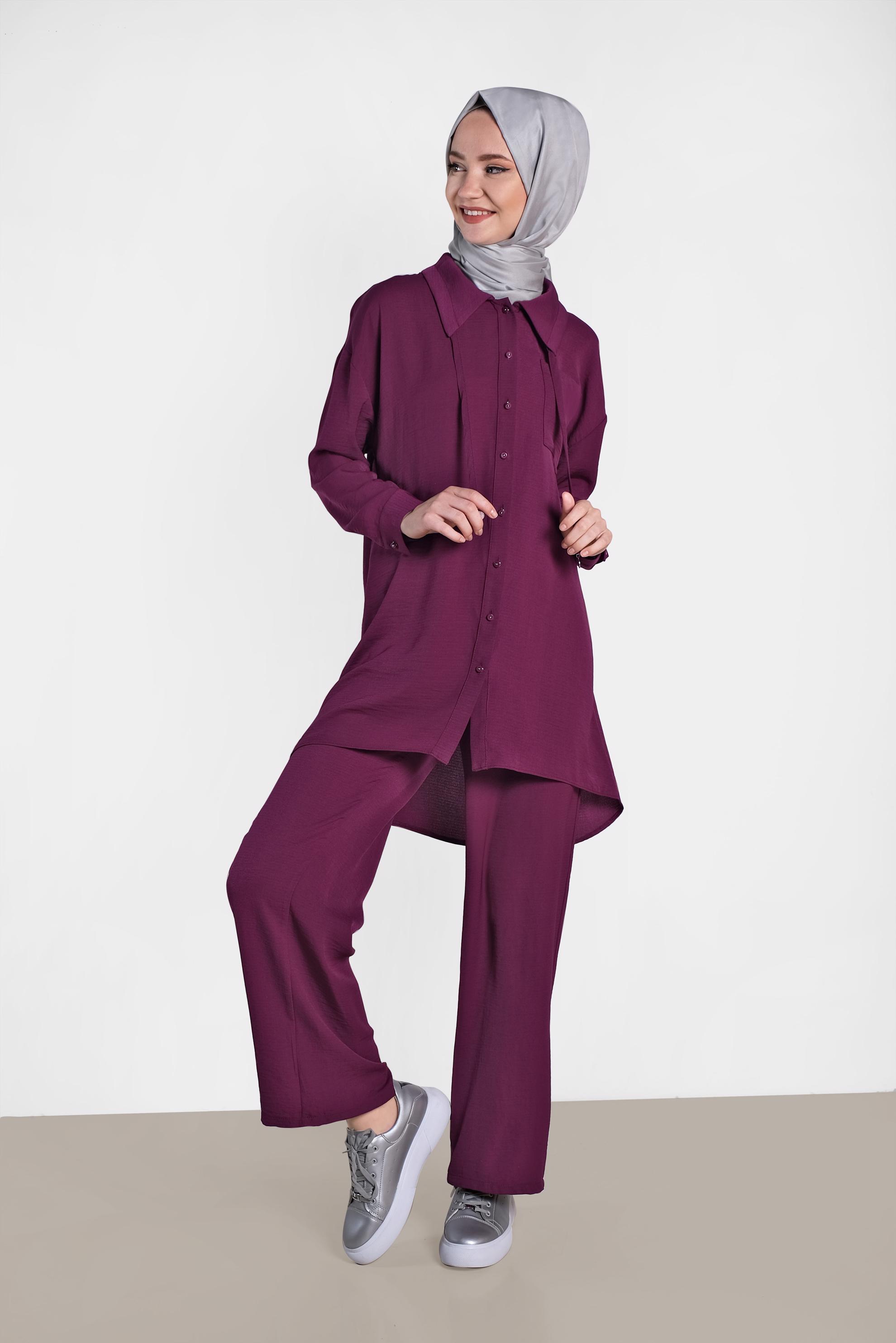 Tesettür giyim MOR YAKASI BAĞCIK DETAYLI DÜĞMELİ İKİLİ PANTOLON TAKIM 4325