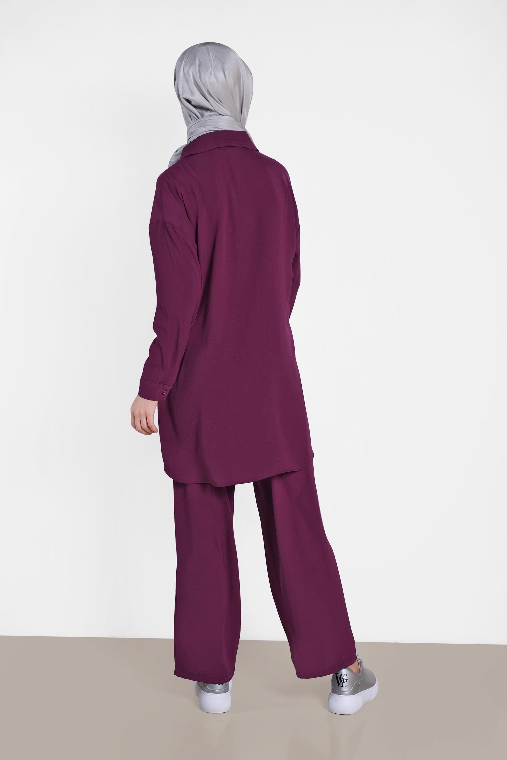 Tesettür giyim MOR YAKASI BAĞCIK DETAYLI DÜĞMELİ İKİLİ PANTOLON TAKIM 4325