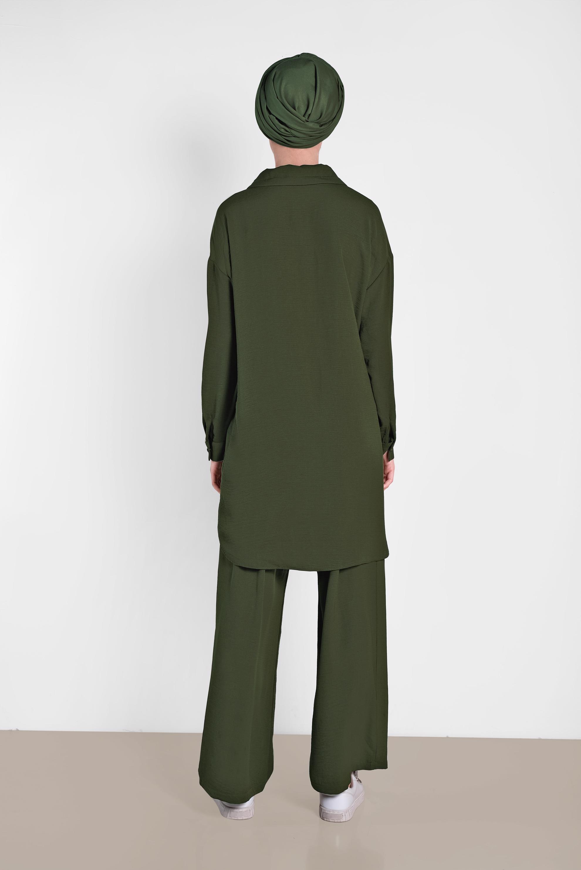 Tesettür giyim HAKİ YAKASI BAĞCIK DETAYLI DÜĞMELİ İKİLİ PANTOLON TAKIM 4325