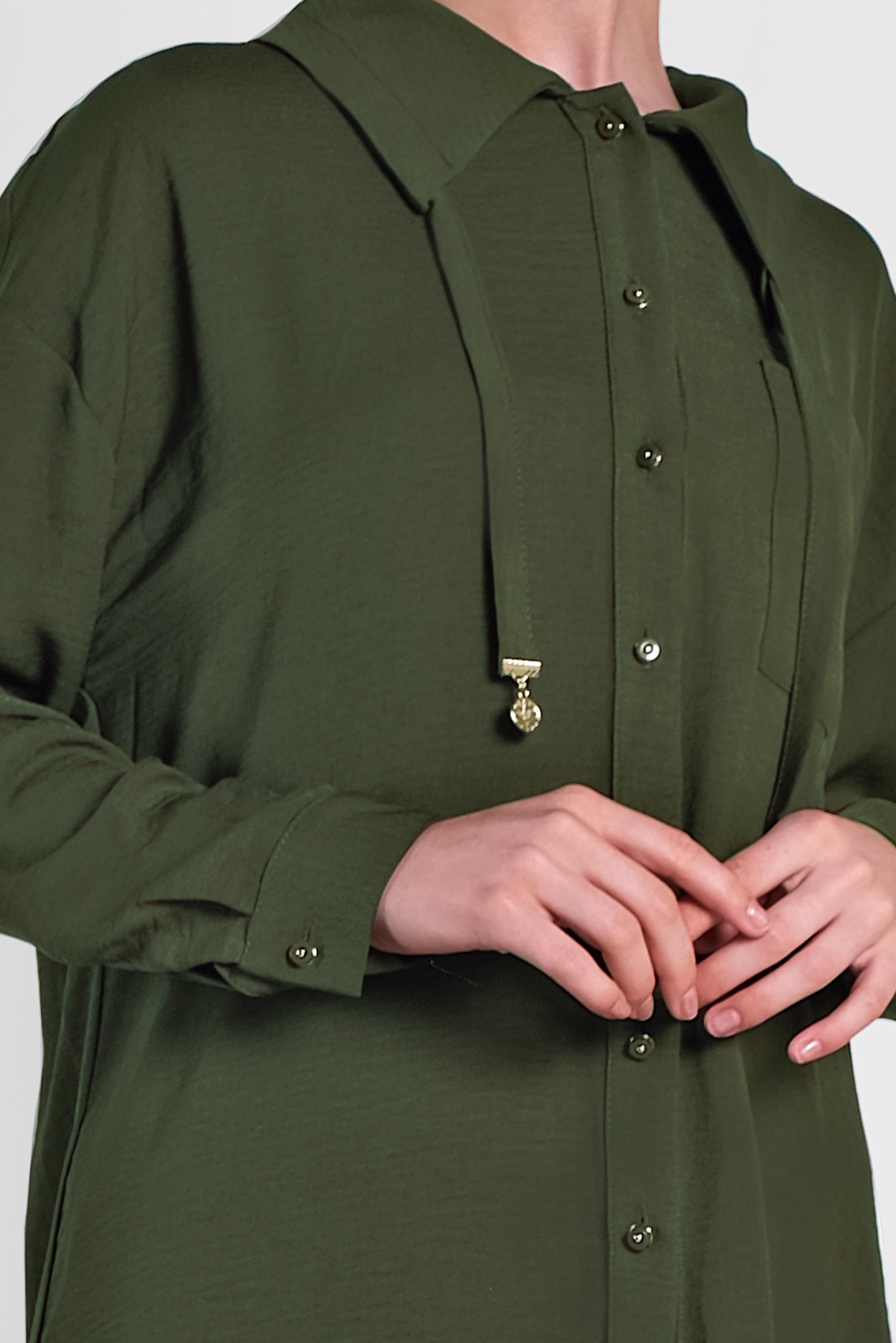 Tesettür giyim HAKİ YAKASI BAĞCIK DETAYLI DÜĞMELİ İKİLİ PANTOLON TAKIM 4325