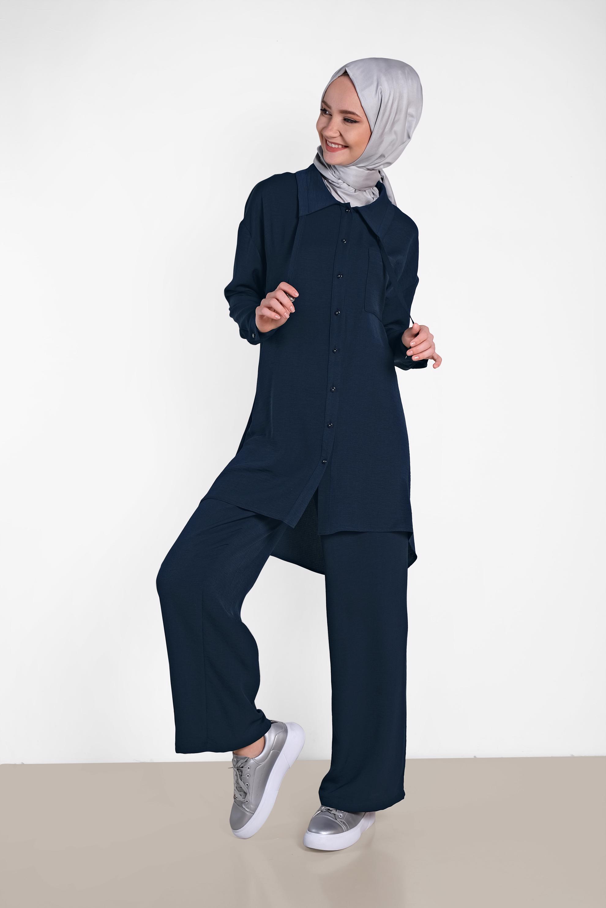 Tesettür giyim LACİVERT YAKASI BAĞCIK DETAYLI DÜĞMELİ İKİLİ PANTOLON TAKIM 4325