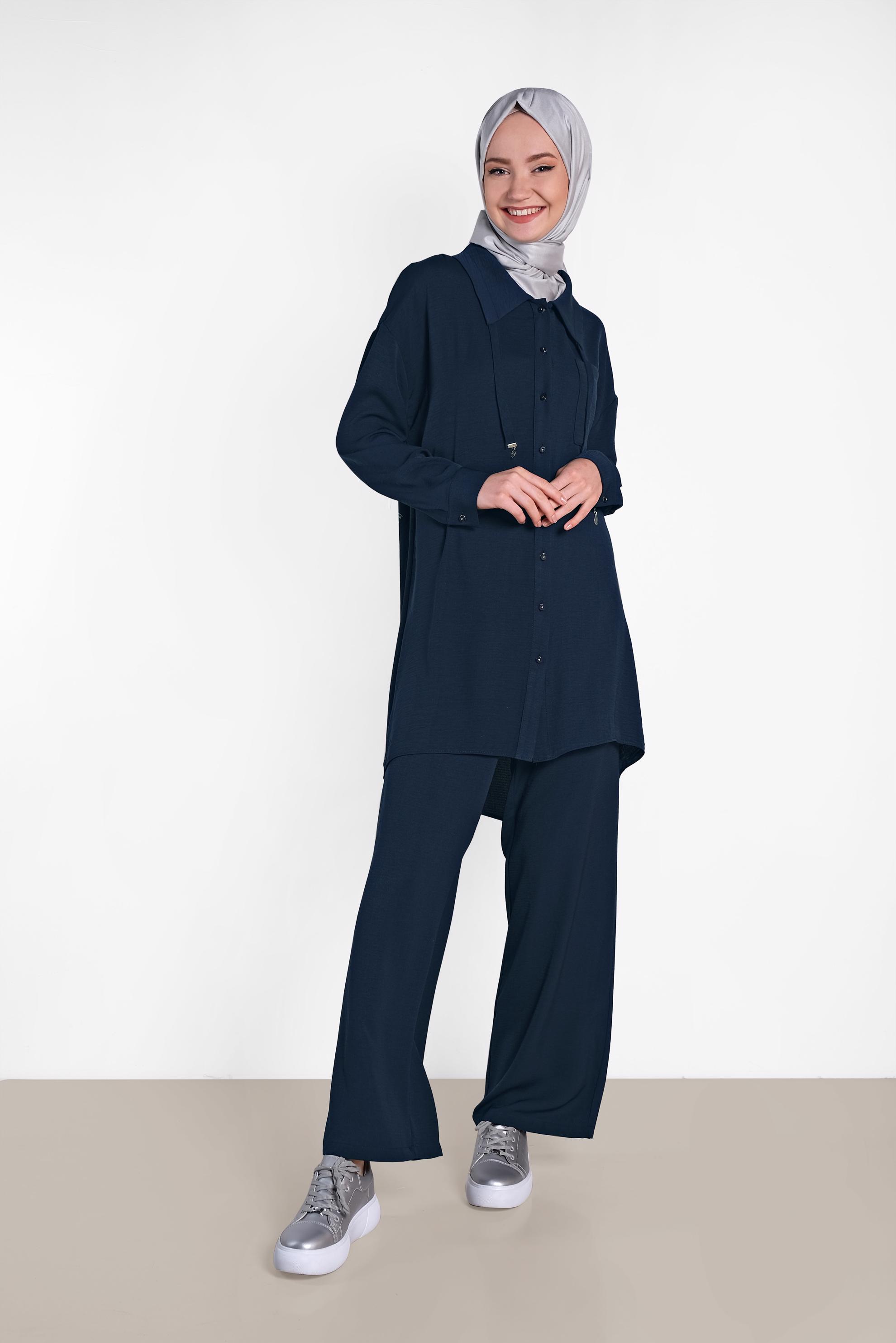 Tesettür giyim LACİVERT YAKASI BAĞCIK DETAYLI DÜĞMELİ İKİLİ PANTOLON TAKIM 4325