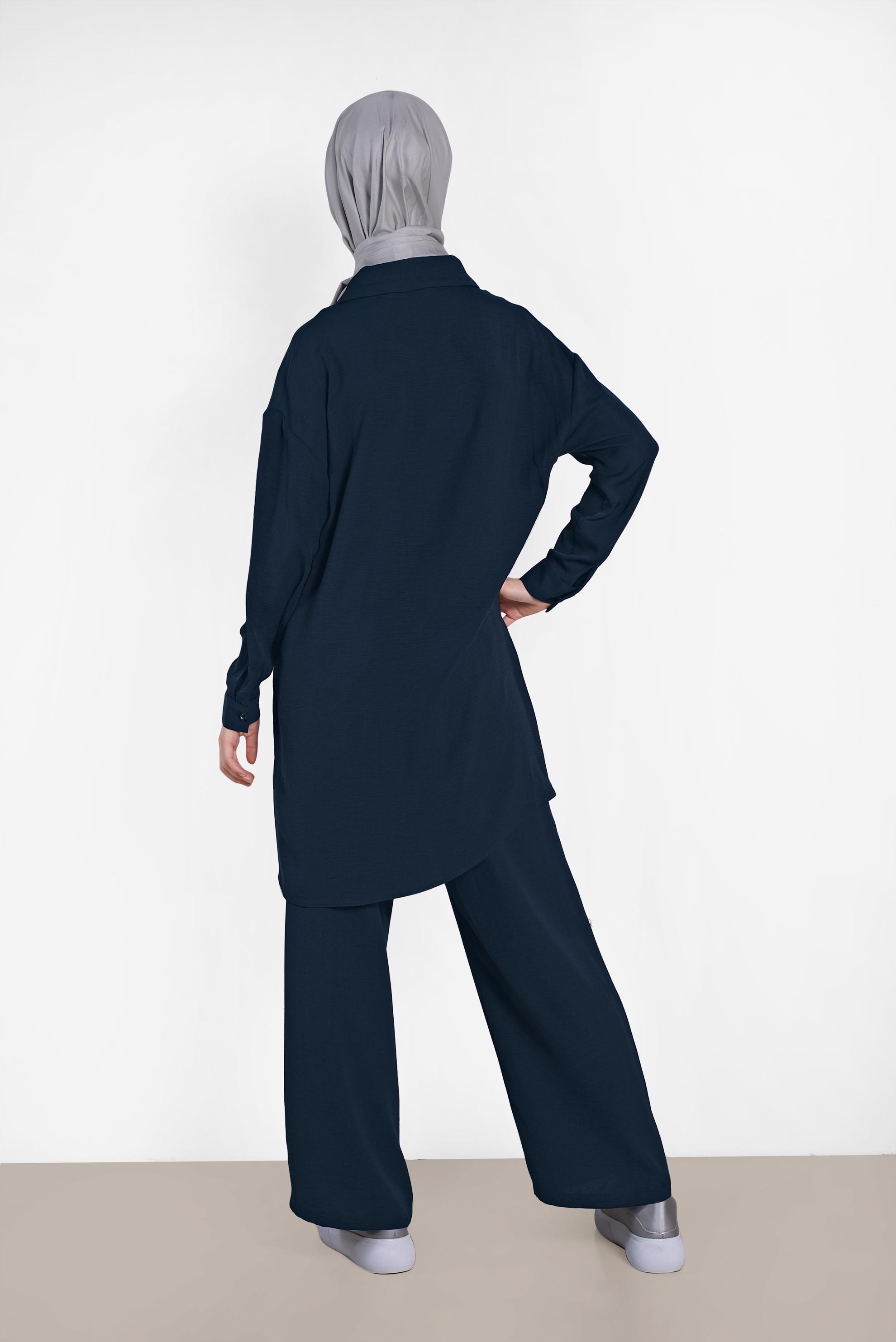 Tesettür giyim LACİVERT YAKASI BAĞCIK DETAYLI DÜĞMELİ İKİLİ PANTOLON TAKIM 4325