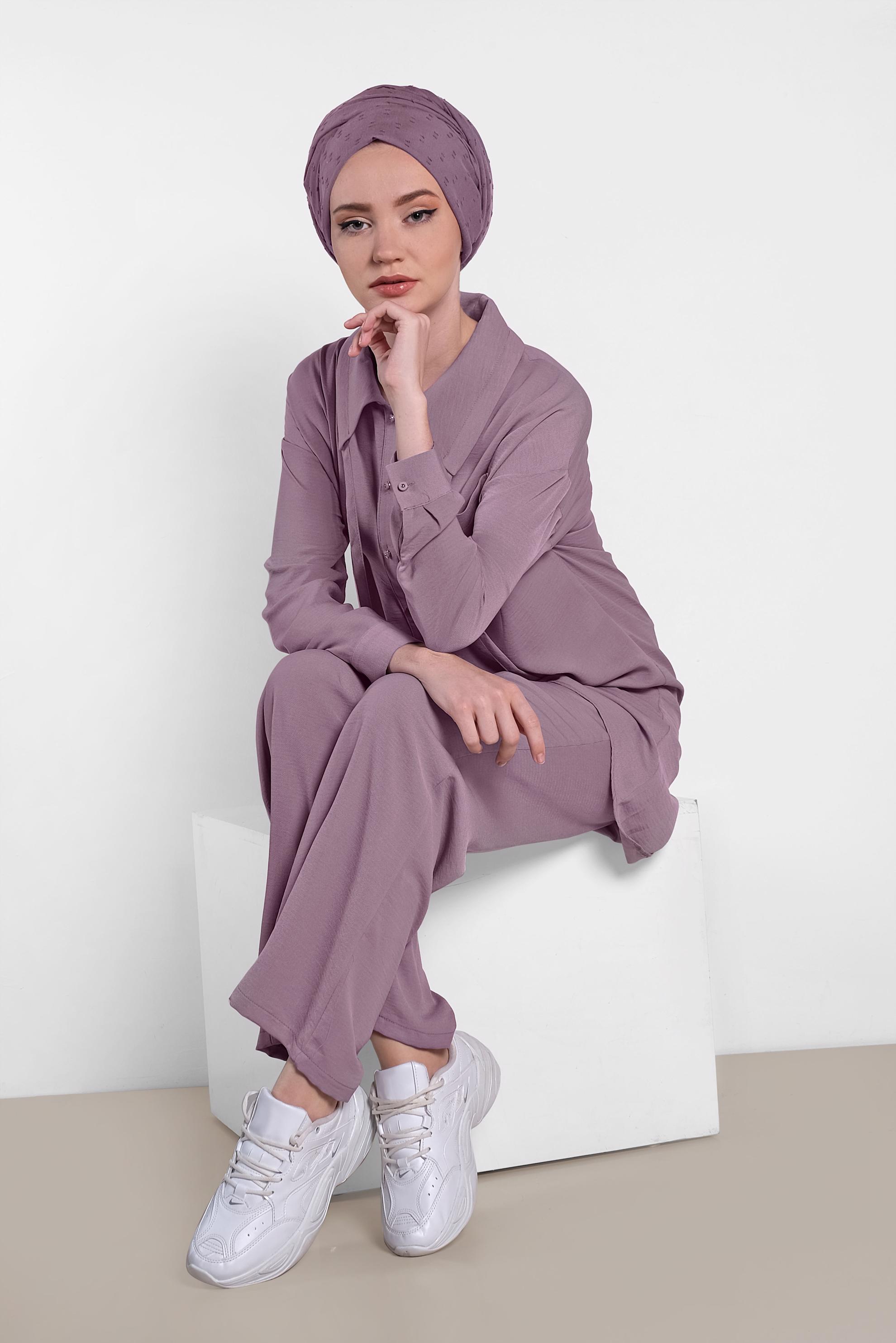 Tesettür giyim MÜRDÜM YAKASI BAĞCIK DETAYLI DÜĞMELİ İKİLİ PANTOLON TAKIM 4325