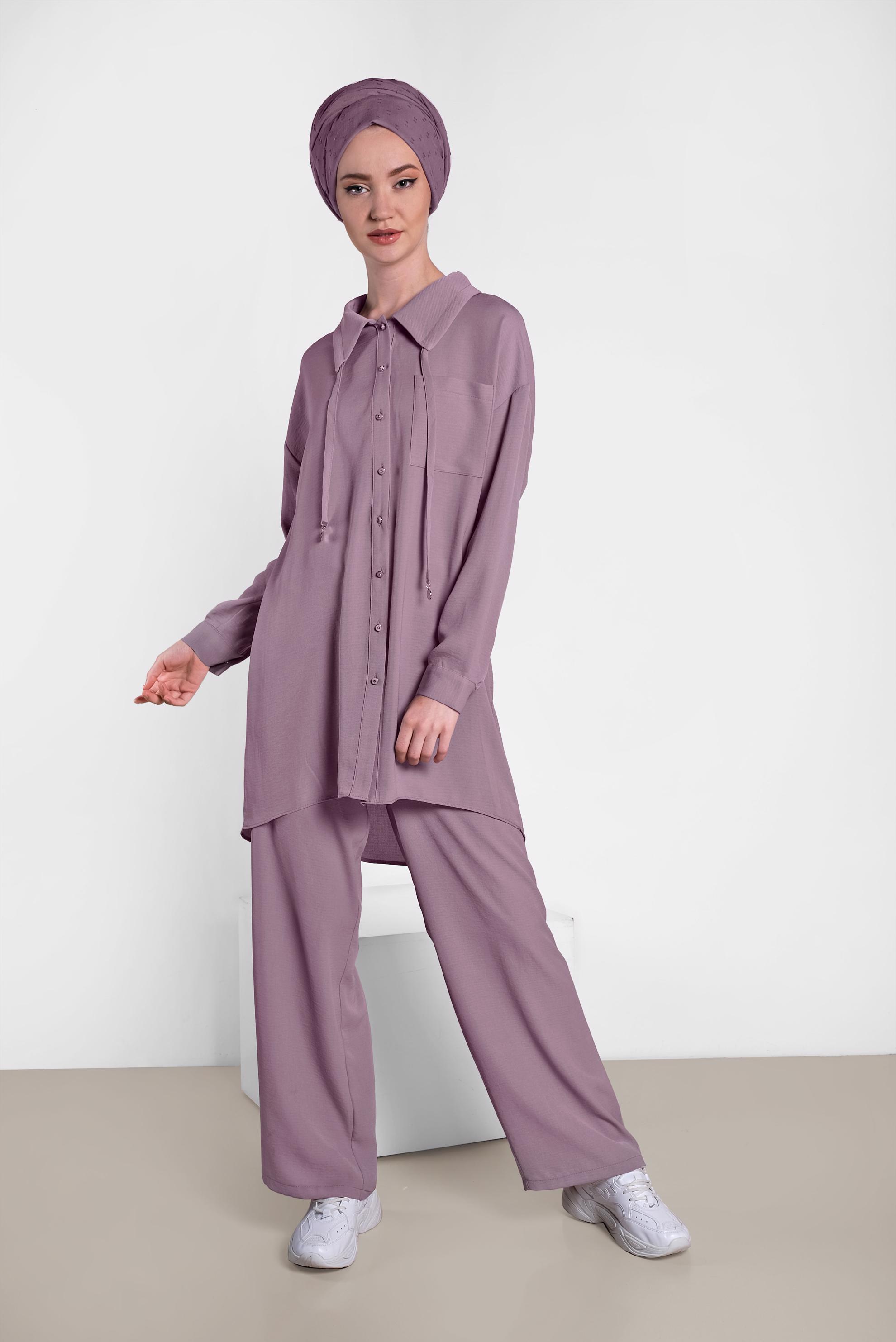 Tesettür giyim MÜRDÜM YAKASI BAĞCIK DETAYLI DÜĞMELİ İKİLİ PANTOLON TAKIM 4325