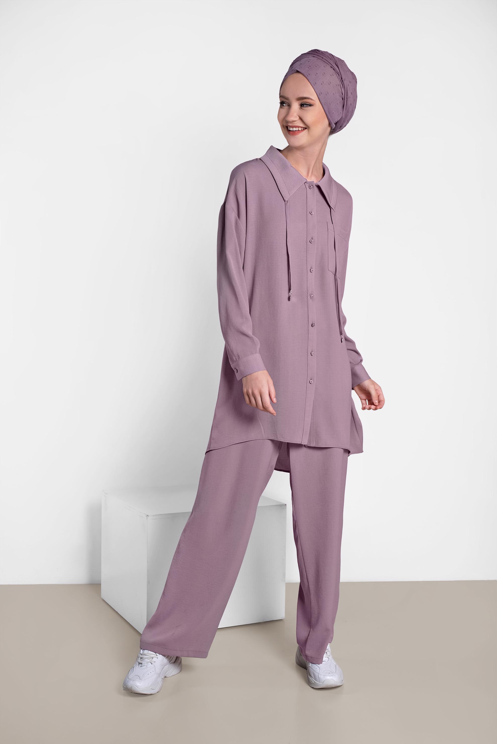 Tesettür giyim MÜRDÜM YAKASI BAĞCIK DETAYLI DÜĞMELİ İKİLİ PANTOLON TAKIM 4325