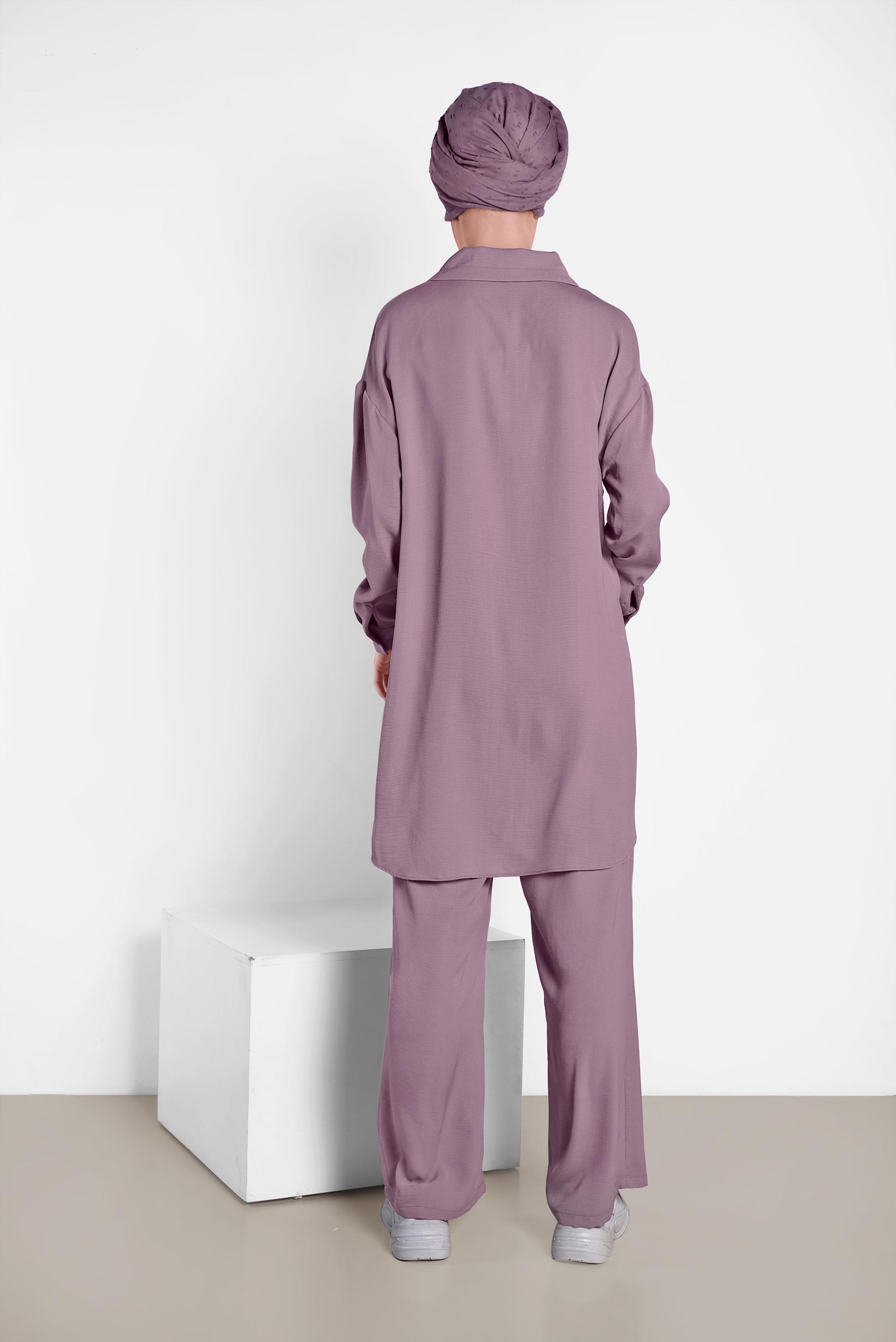 Tesettür giyim MÜRDÜM YAKASI BAĞCIK DETAYLI DÜĞMELİ İKİLİ PANTOLON TAKIM 4325