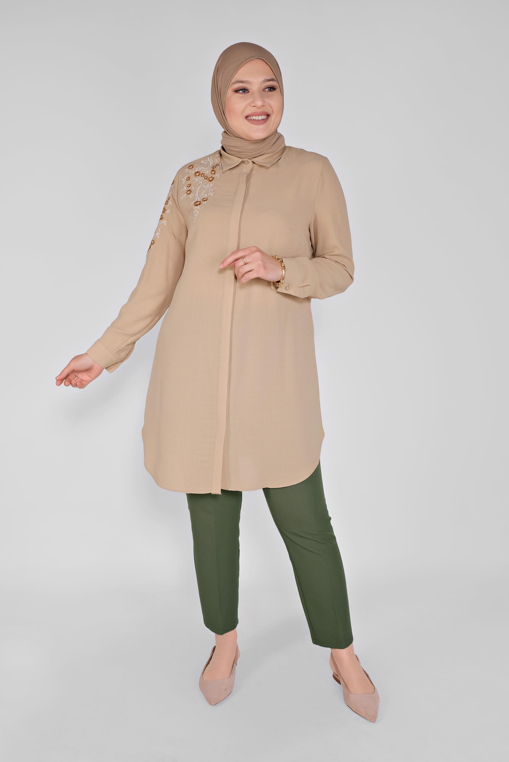 Hijab clothing BEIGE FLOWER EMBROIDERED TUNIC  20043 