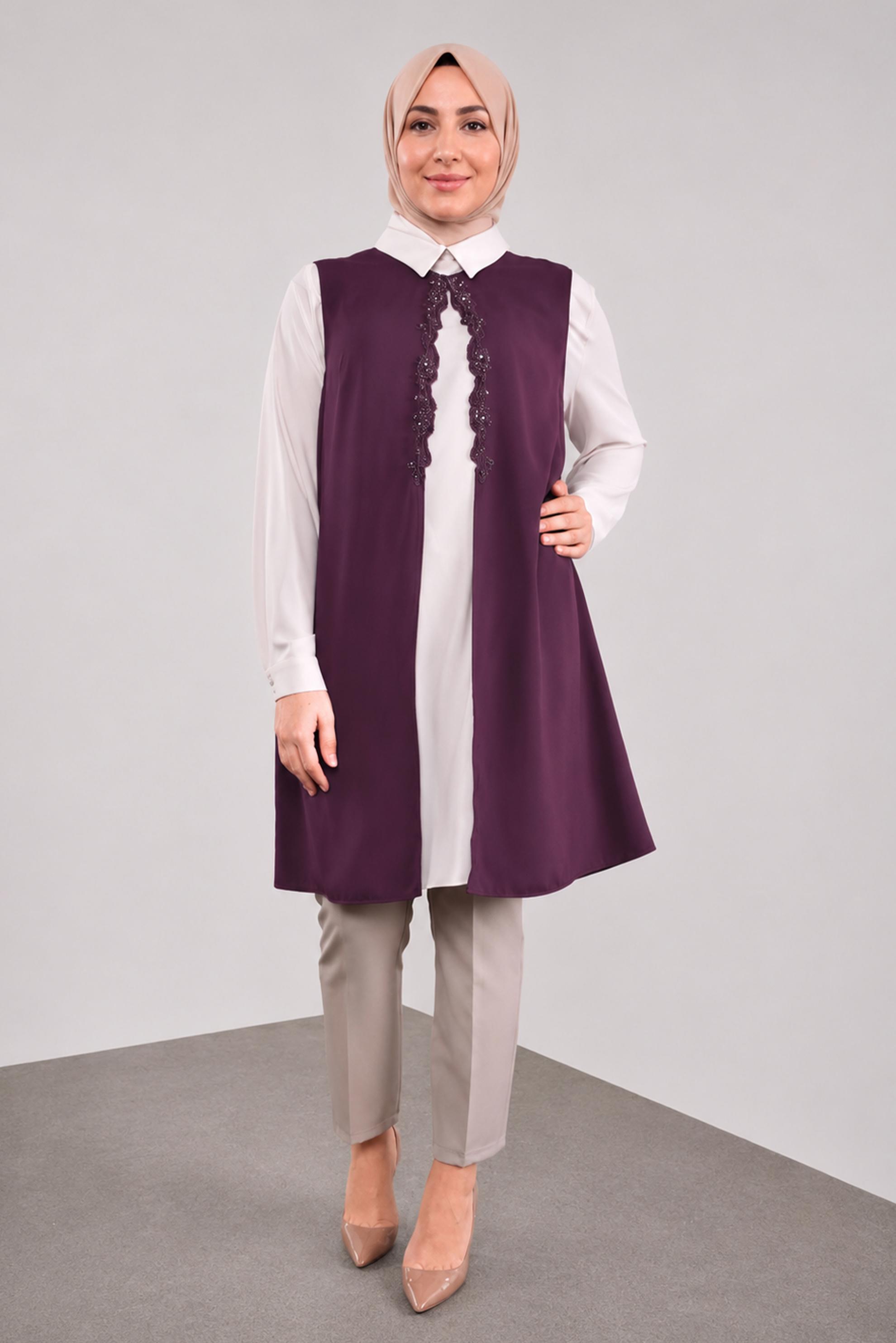 Tesettür giyim BORDO BONCUKLU İKİLİ TUNİK 20051 