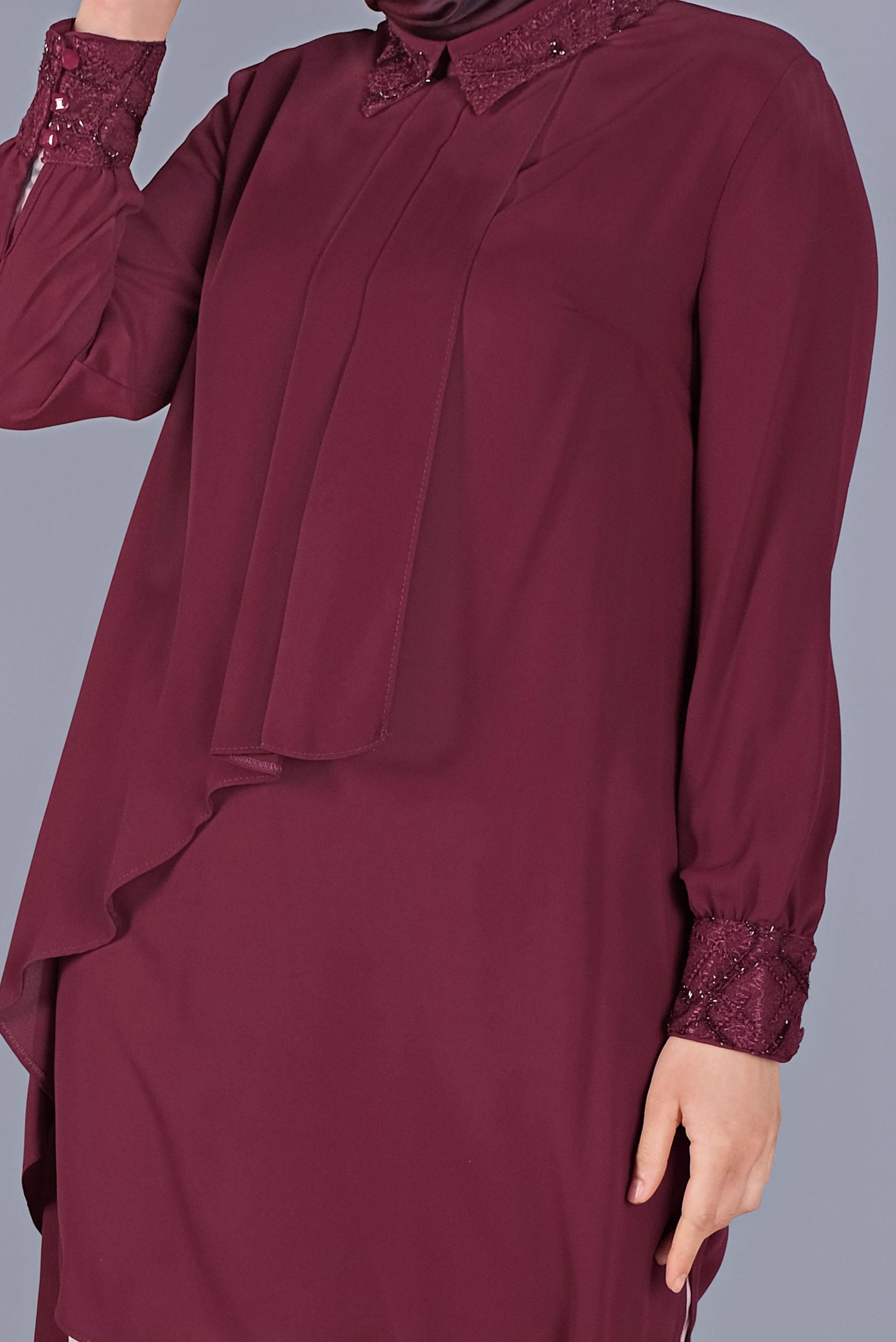 Tesettür giyim BORDO NAKIŞ DETAYLI VOLANLI TUNİK 20054