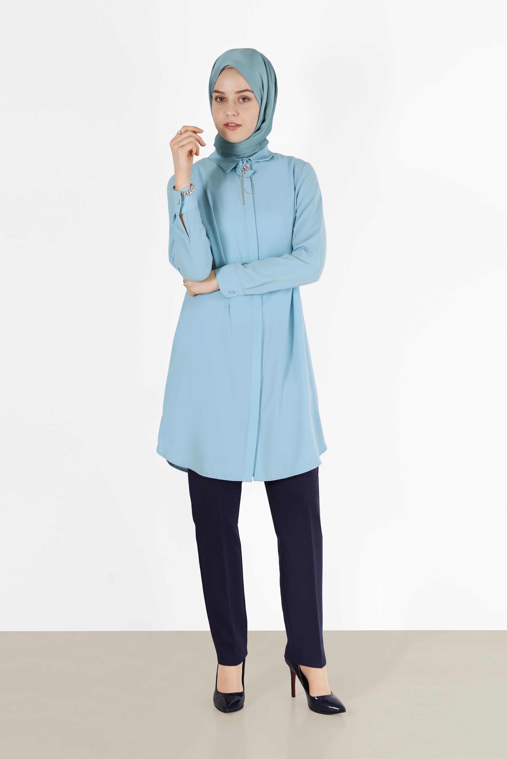 Tesettür giyim YEŞİL GİZLİ DÜĞMELİ KLASİK TUNİK 40442