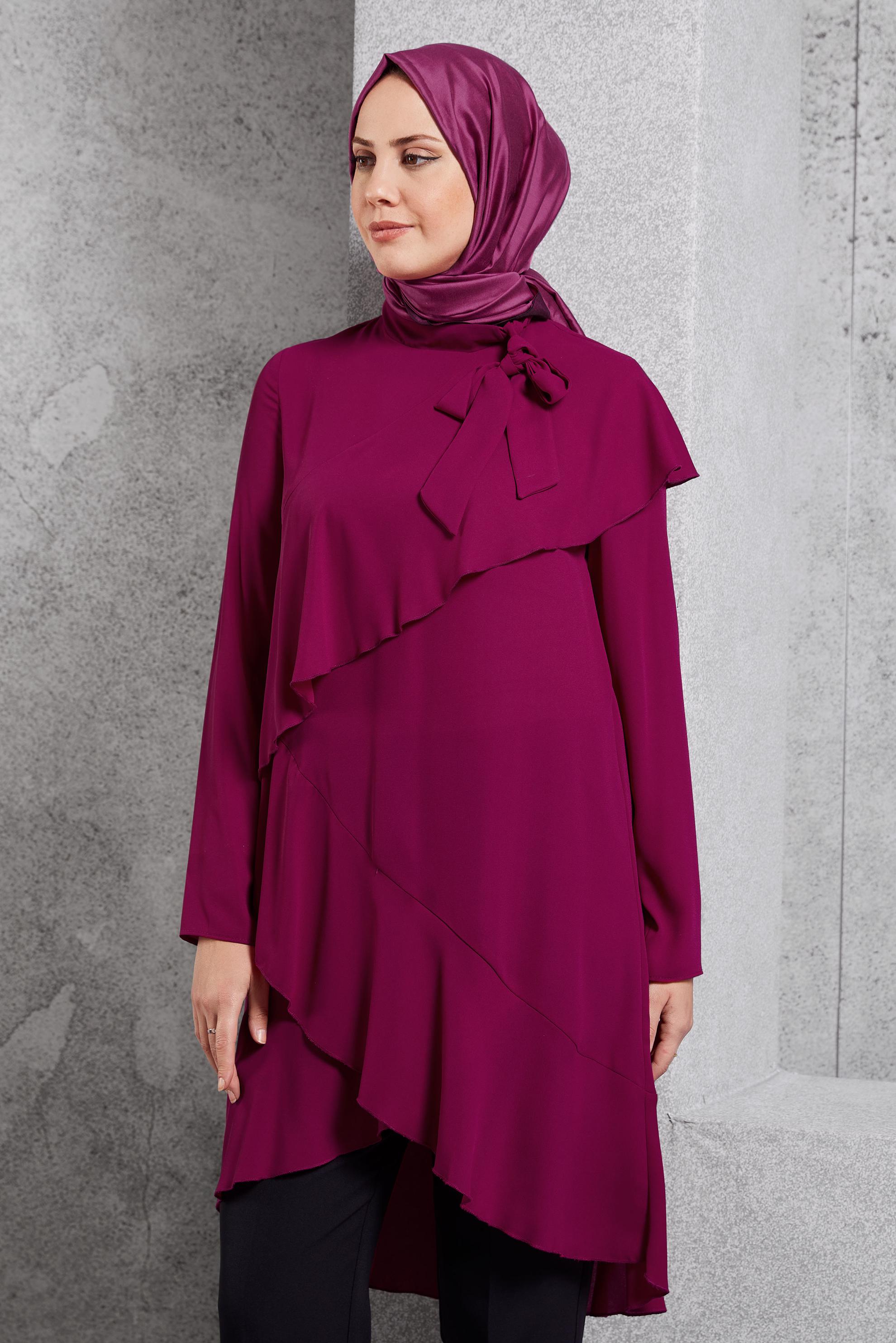 Tesettür giyim MOR BOYUNDAN BAĞLAMALI ASİMETRİK TUNİK 40447
