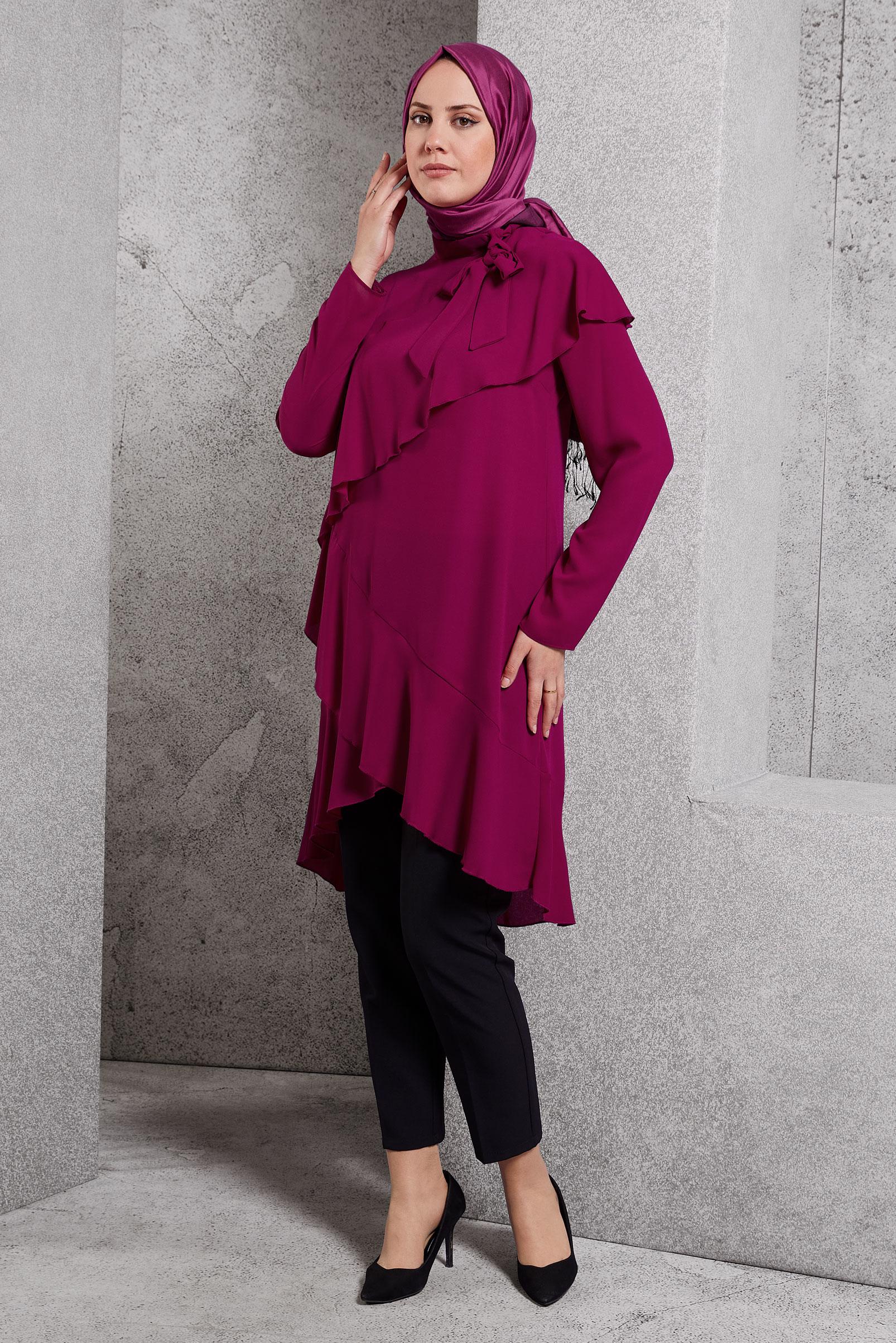 Tesettür giyim MOR BOYUNDAN BAĞLAMALI ASİMETRİK TUNİK 40447
