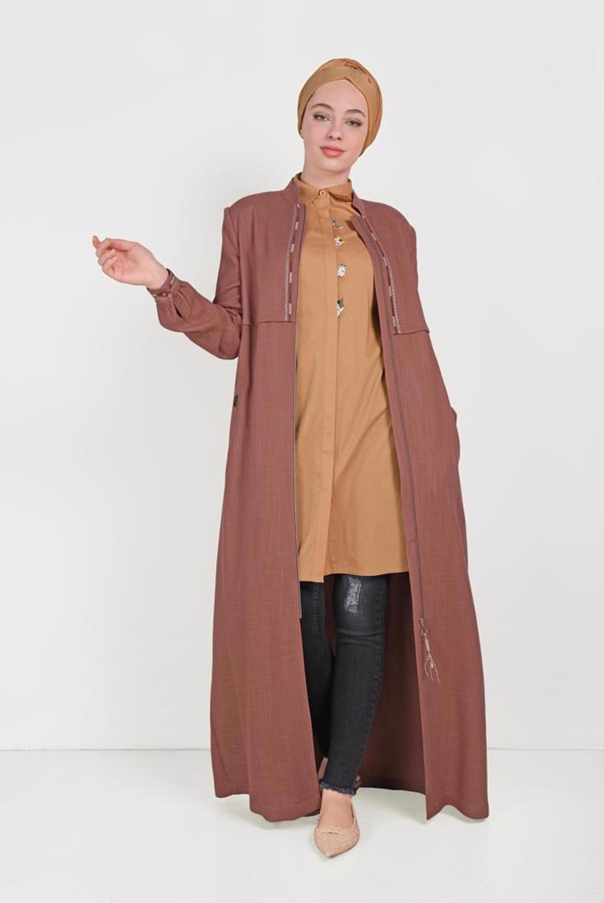 Tesettür giyim SARI PAMUKLU KEDİ FİGÜRÜ NAKIŞLI TUNİK 40450