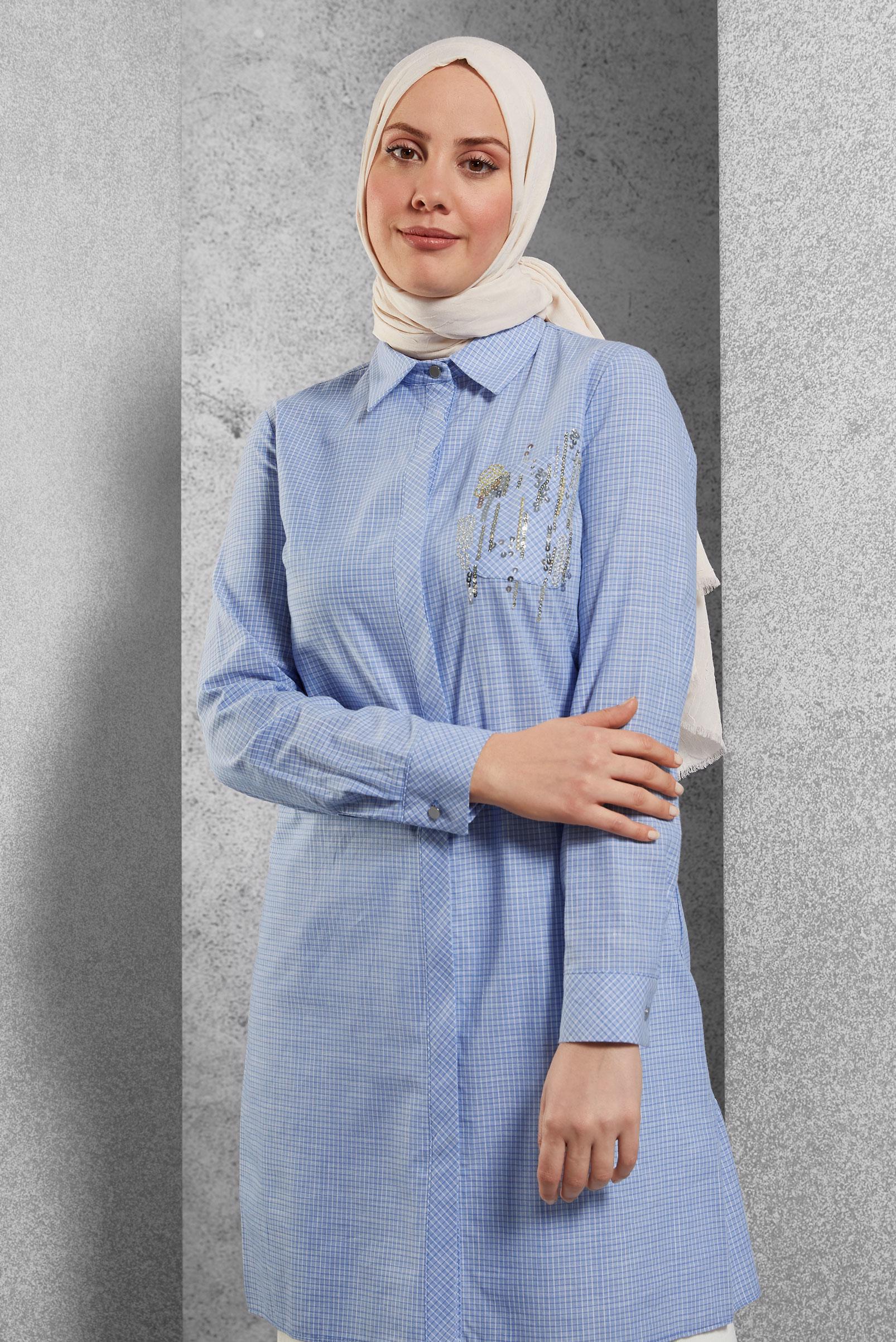 Tesettür giyim MAVİ PUL PAYETLİ TUNİK 40451