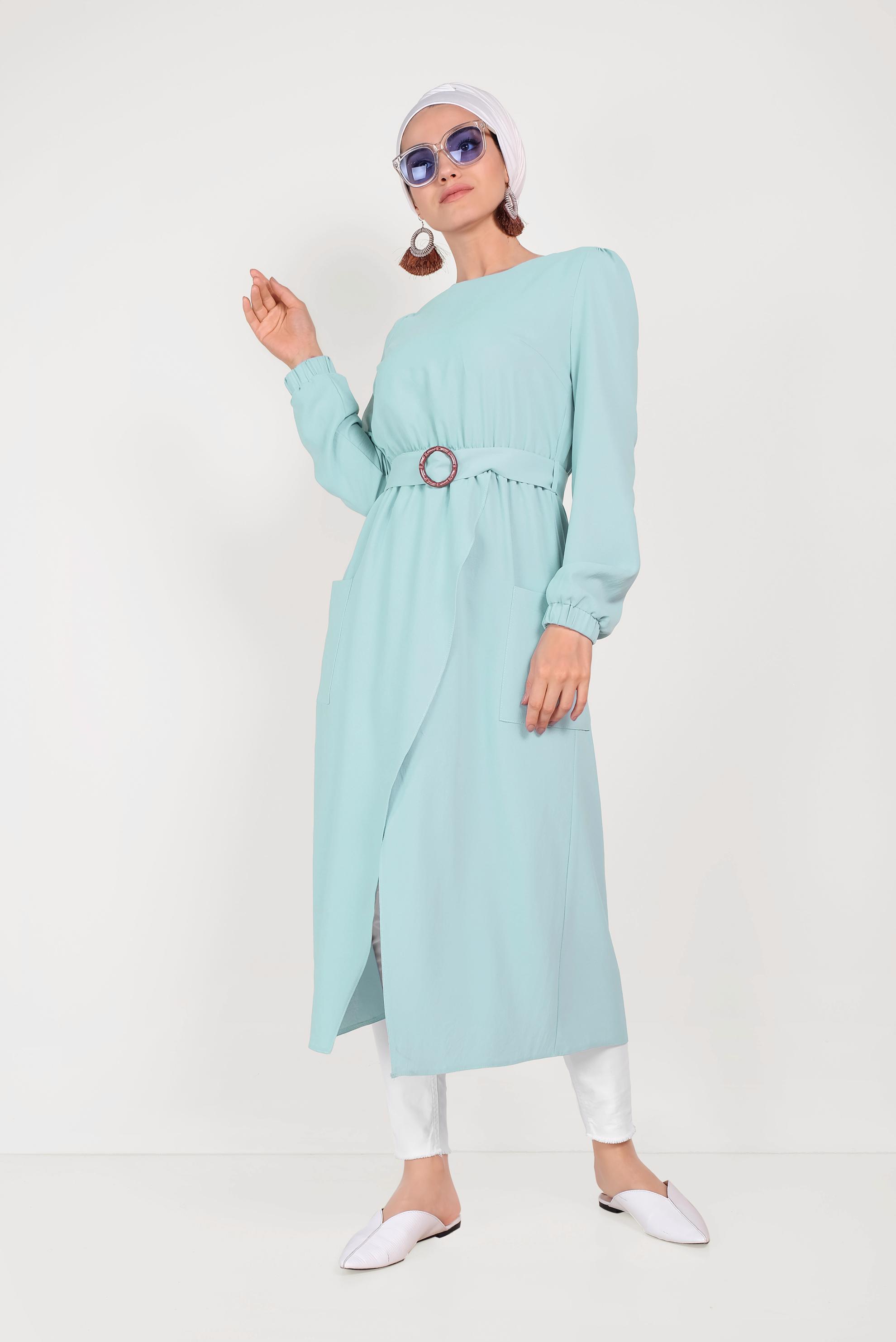 Tesettür giyim MAVİ CEPLİ ASİMETRİK TUNİK 40456