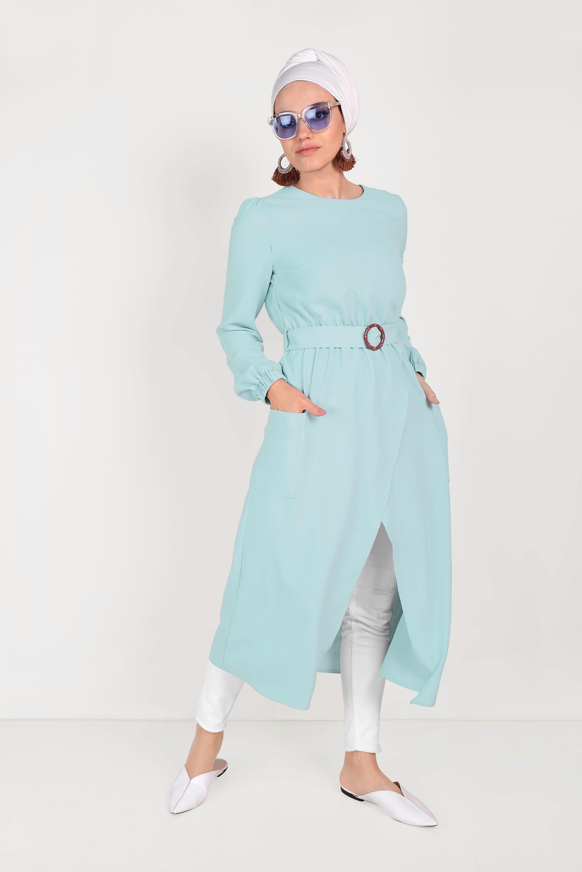 Tesettür giyim MAVİ CEPLİ ASİMETRİK TUNİK 40456