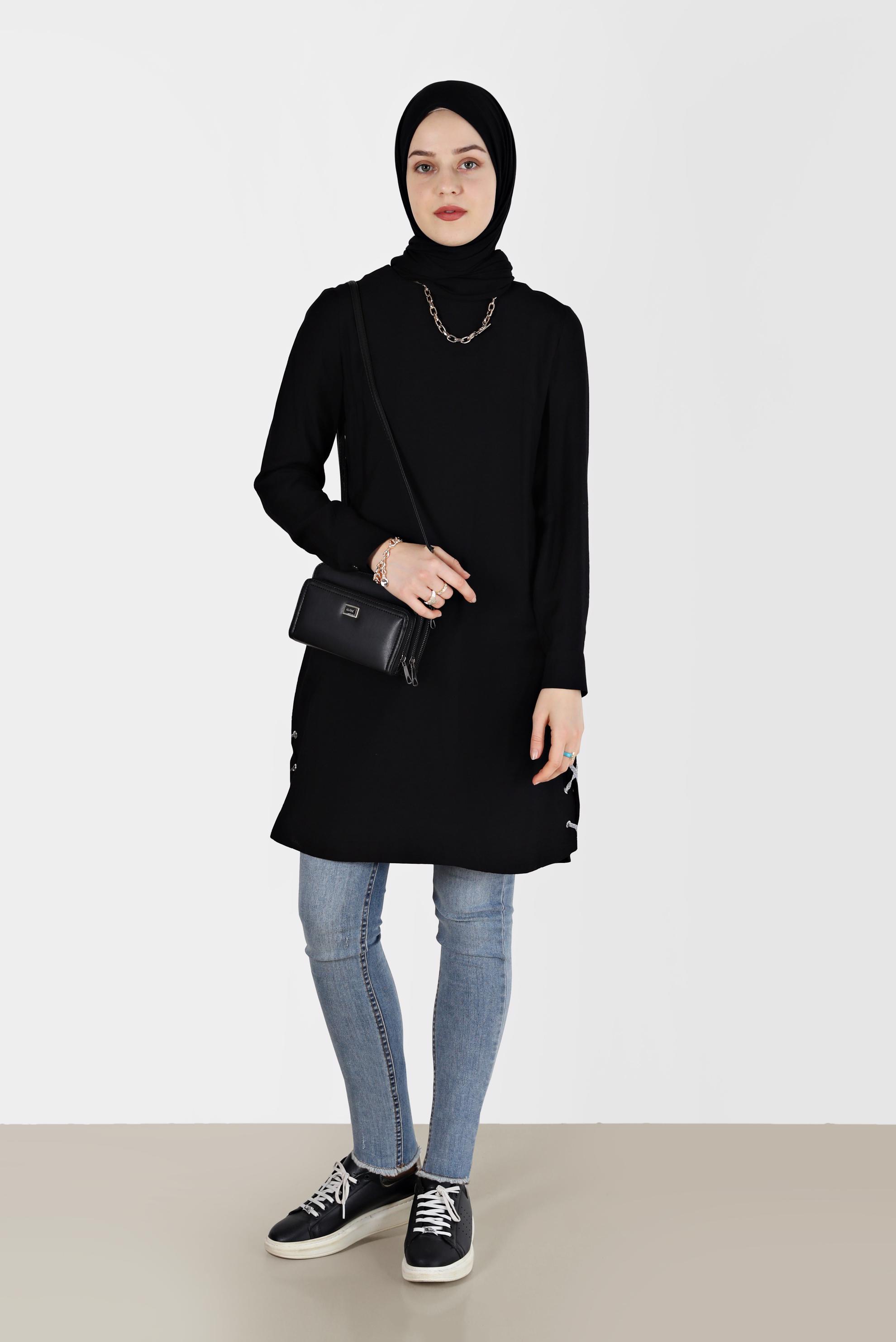 Tesettür giyim SİYAH KUŞGÖZÜ DETAYLI TUNİK 40495