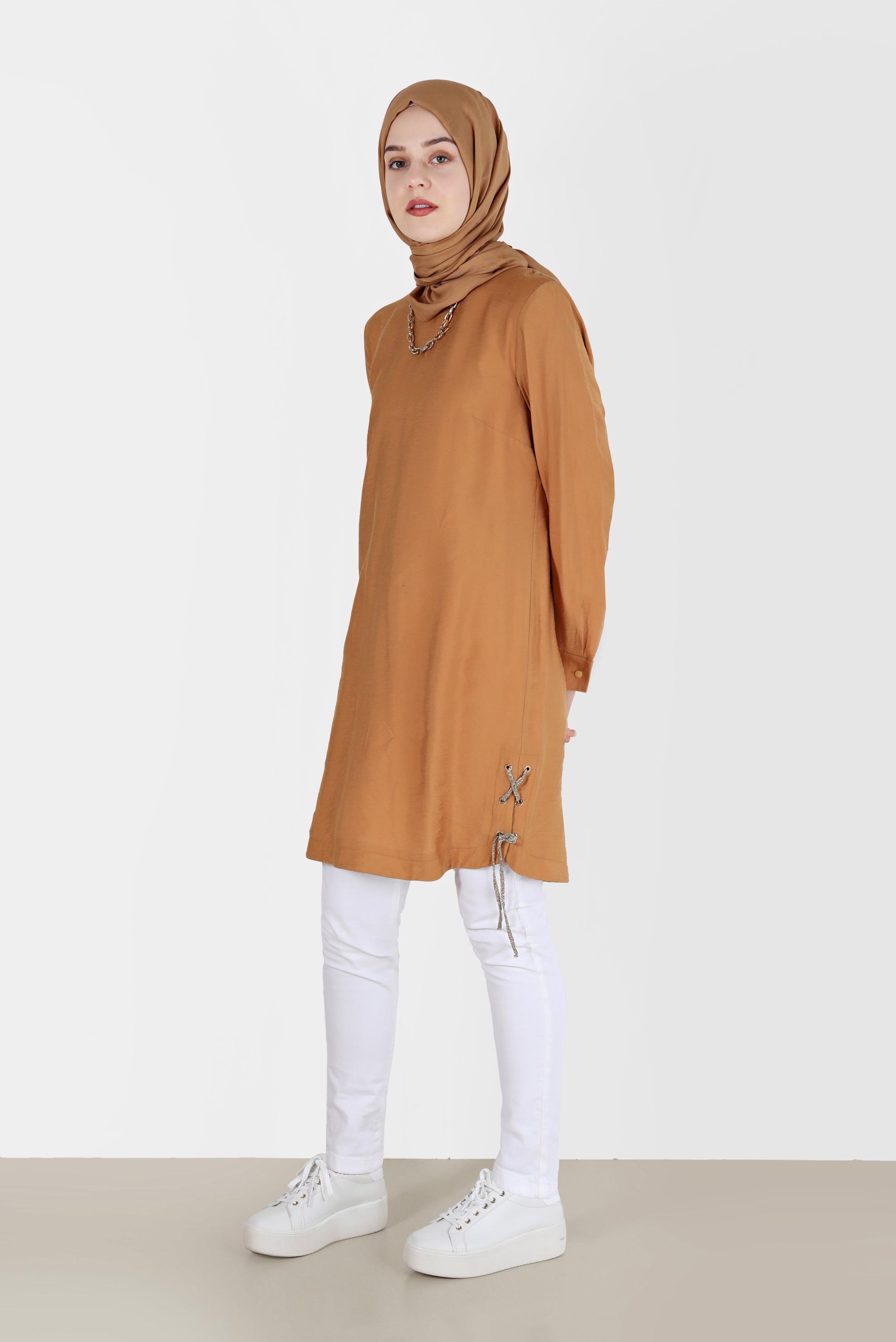 Tesettür giyim TABA KUŞGÖZÜ DETAYLI TUNİK 40495