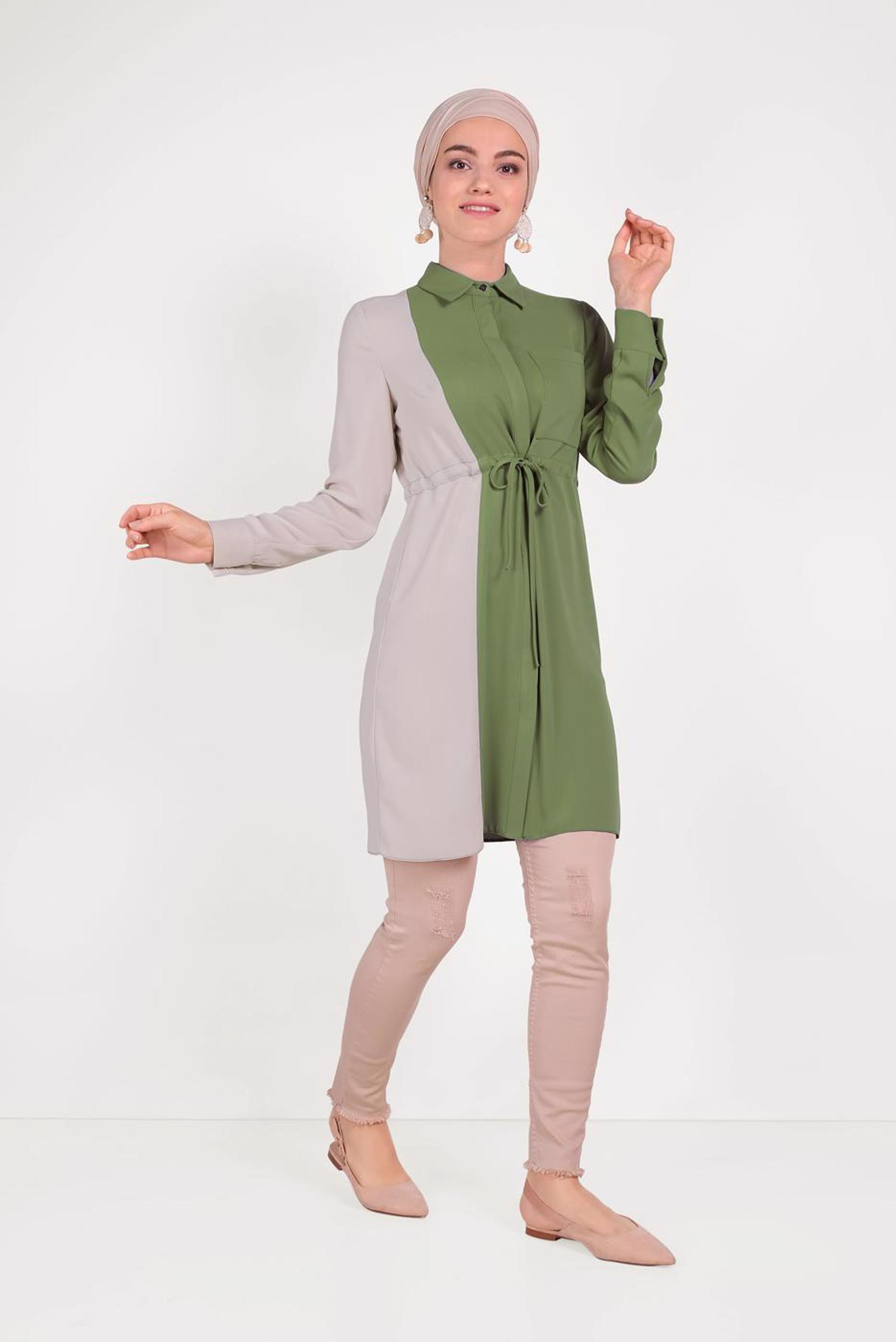 Tesettür giyim HAKİ PAMUKLU BELİ BÜZGÜLÜ İKİ RENK TUNİK 40560 