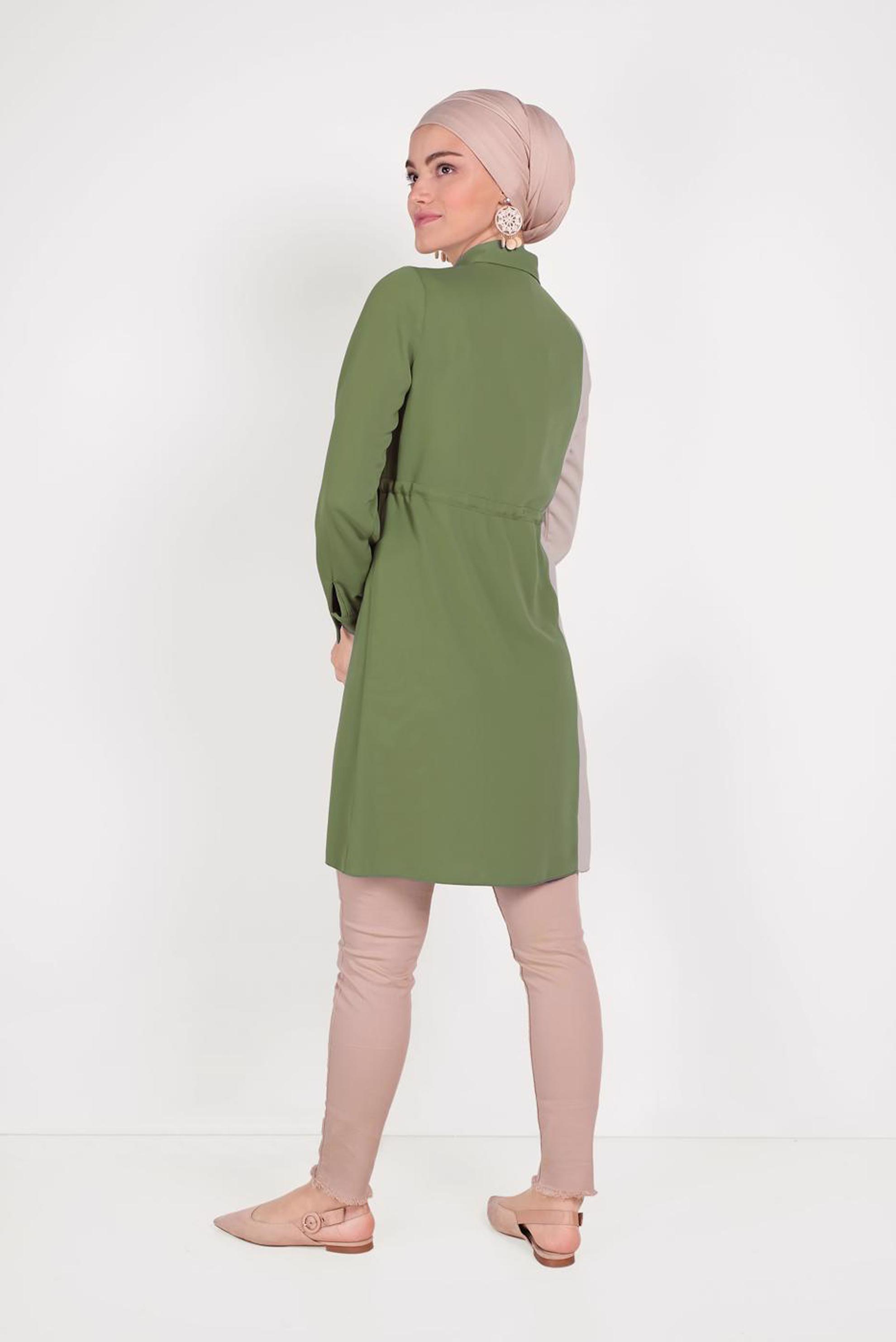 Tesettür giyim HAKİ PAMUKLU BELİ BÜZGÜLÜ İKİ RENK TUNİK 40560 