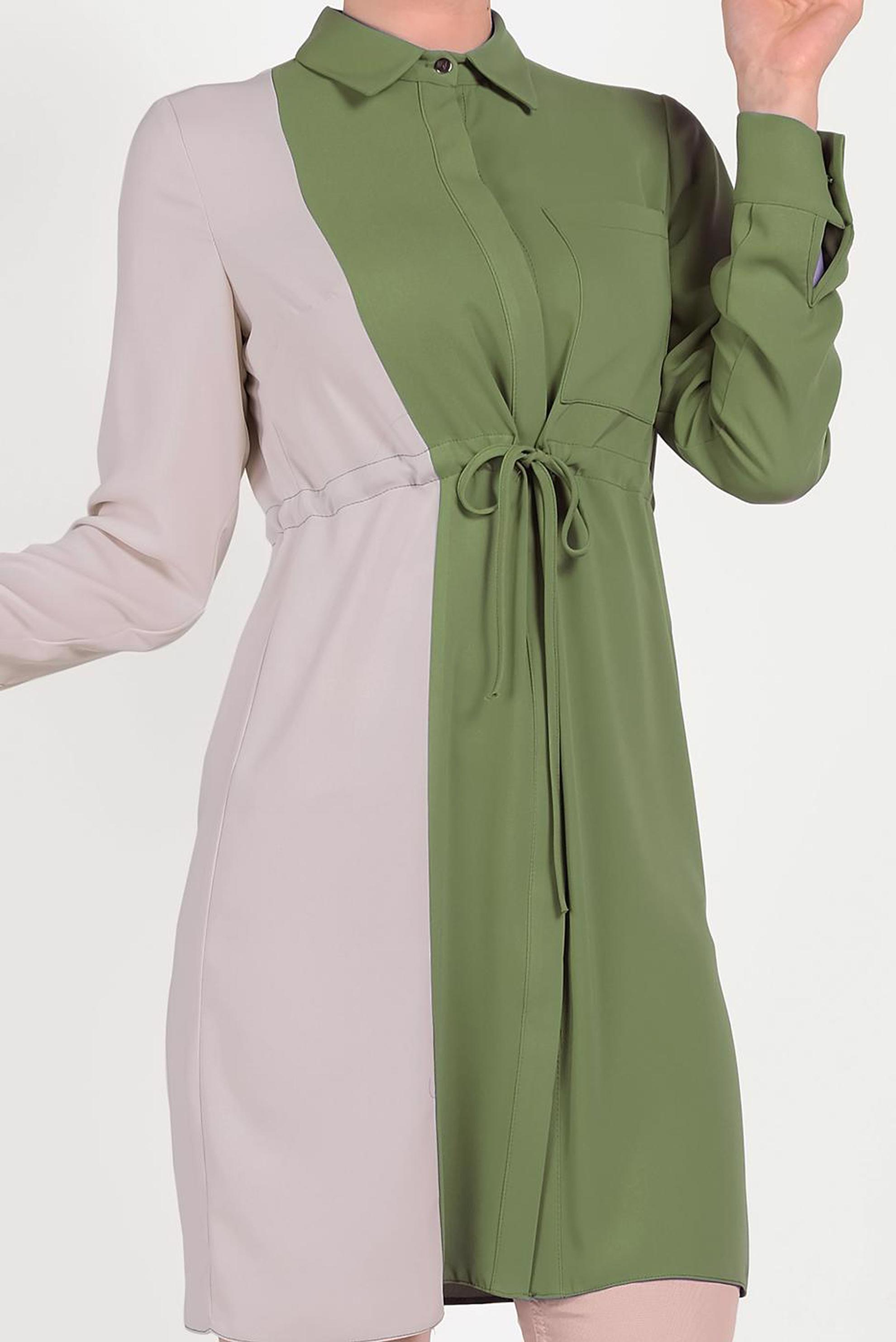 Tesettür giyim HAKİ PAMUKLU BELİ BÜZGÜLÜ İKİ RENK TUNİK 40560 