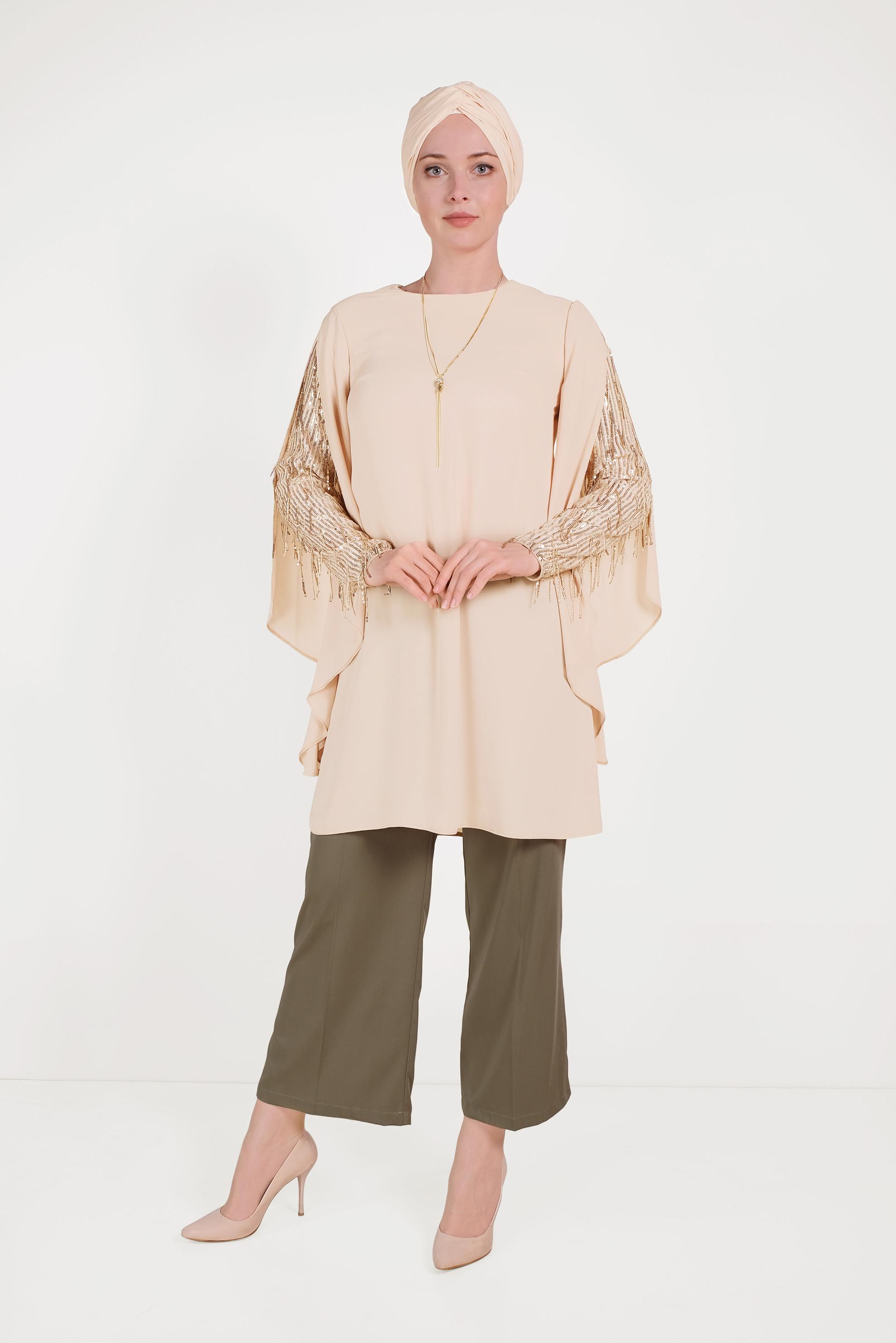 Tesettür giyim BEJ KOLLARI SAÇAKLI ŞİFON TUNİK 40562