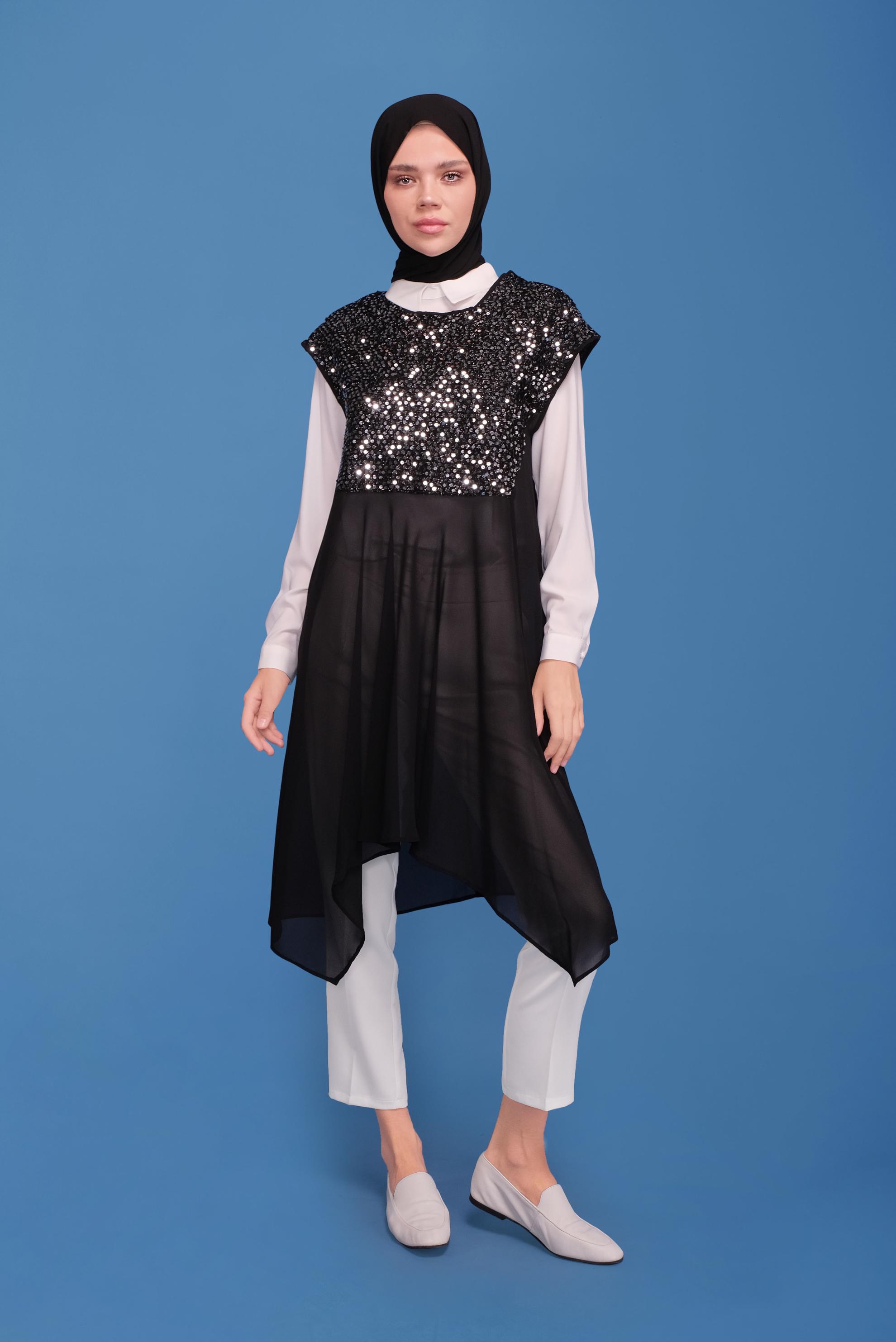 Tesettür giyim SİYAH PUL PAYETLİ İKİLİ TUNİK 40569