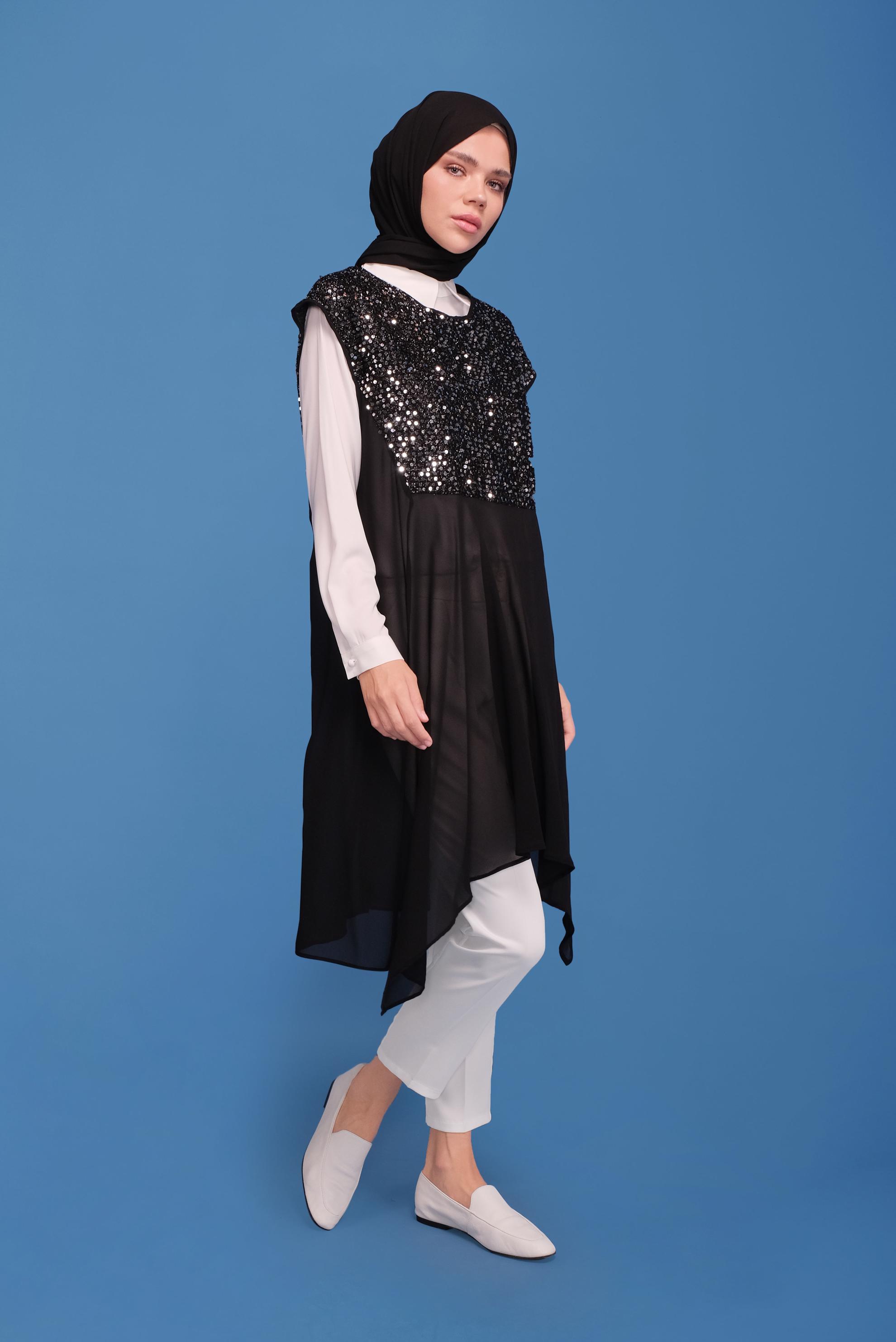 Tesettür giyim SİYAH PUL PAYETLİ İKİLİ TUNİK 40569