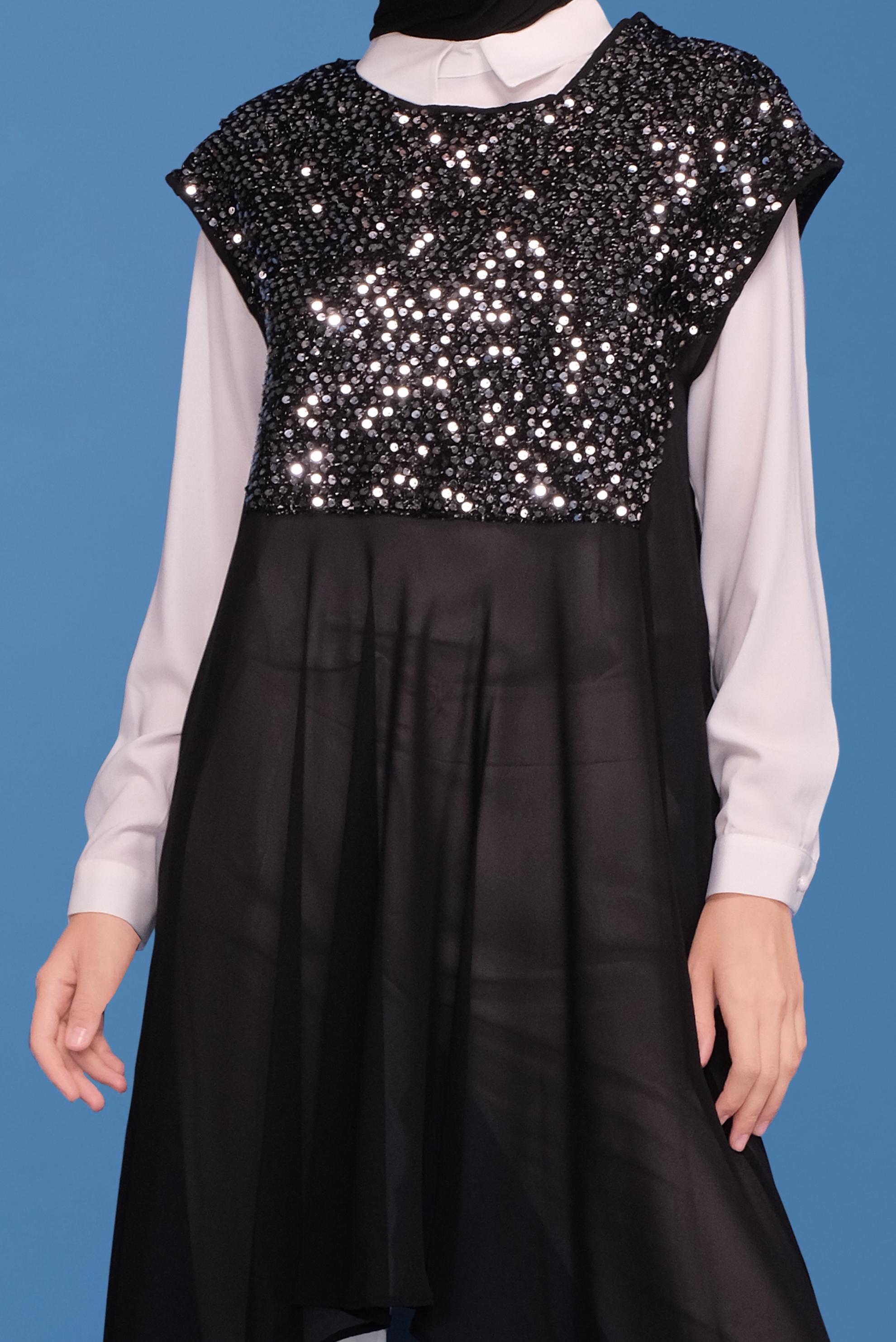 Tesettür giyim SİYAH PUL PAYETLİ İKİLİ TUNİK 40569