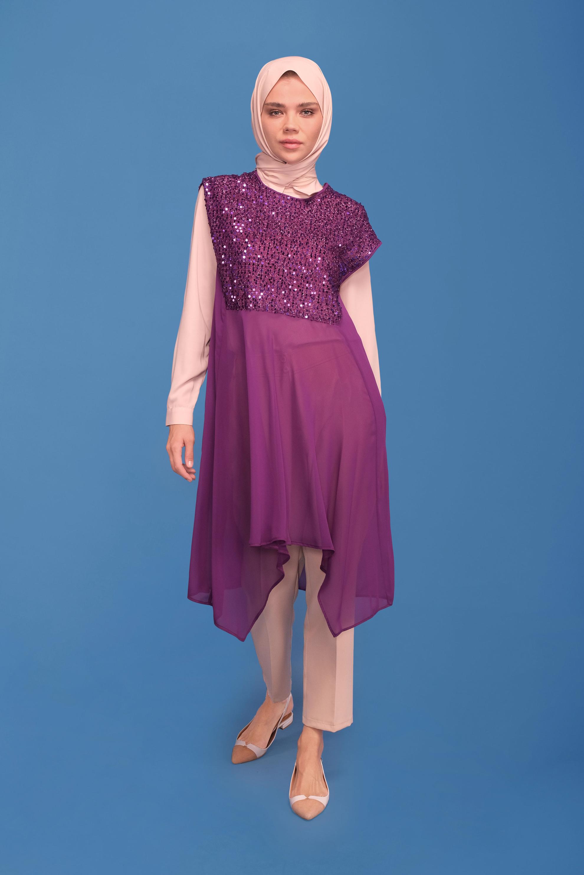 Tesettür giyim MOR PUL PAYETLİ İKİLİ TUNİK 40569