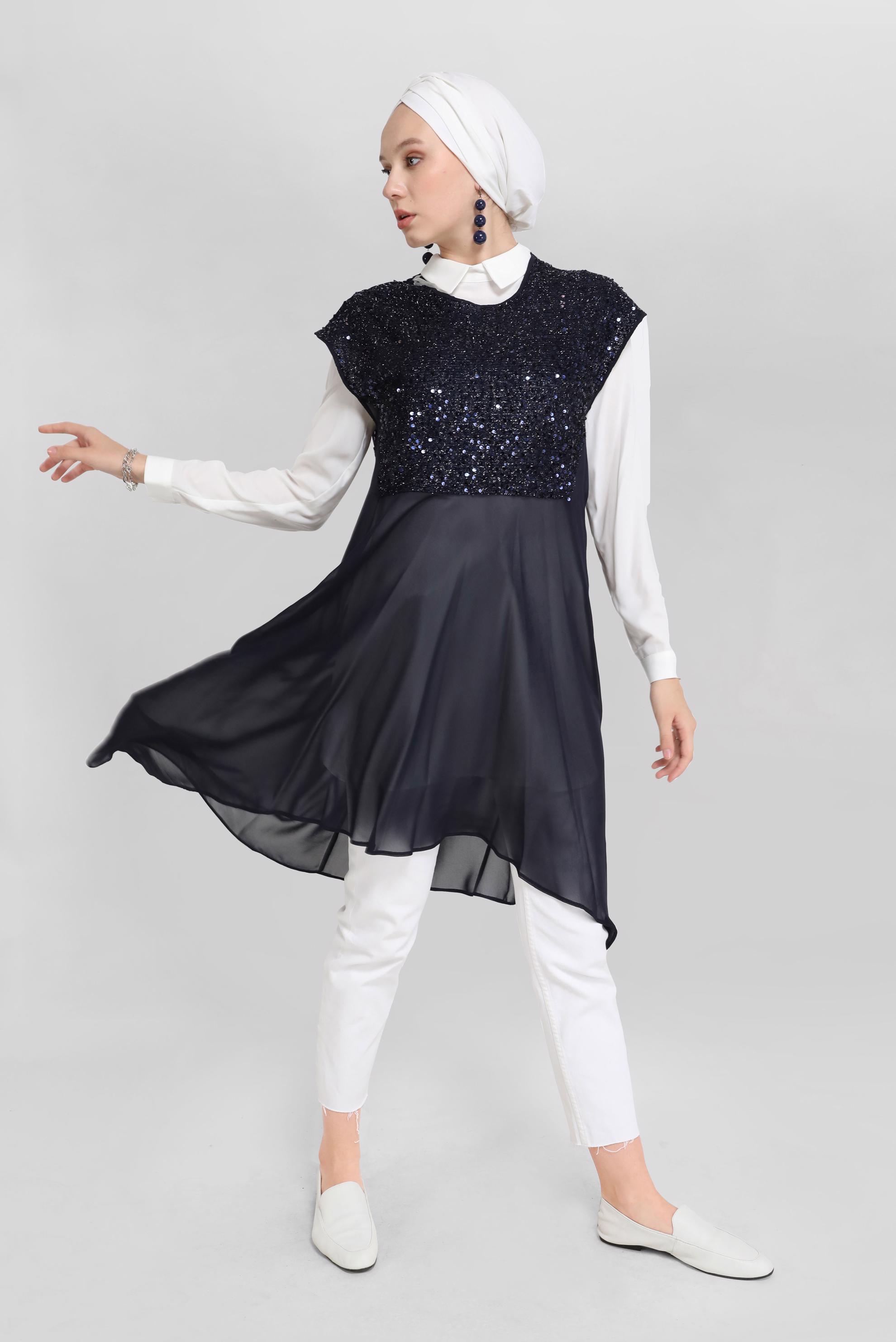 Tesettür giyim LACİVERT PUL PAYETLİ İKİLİ TUNİK 40569