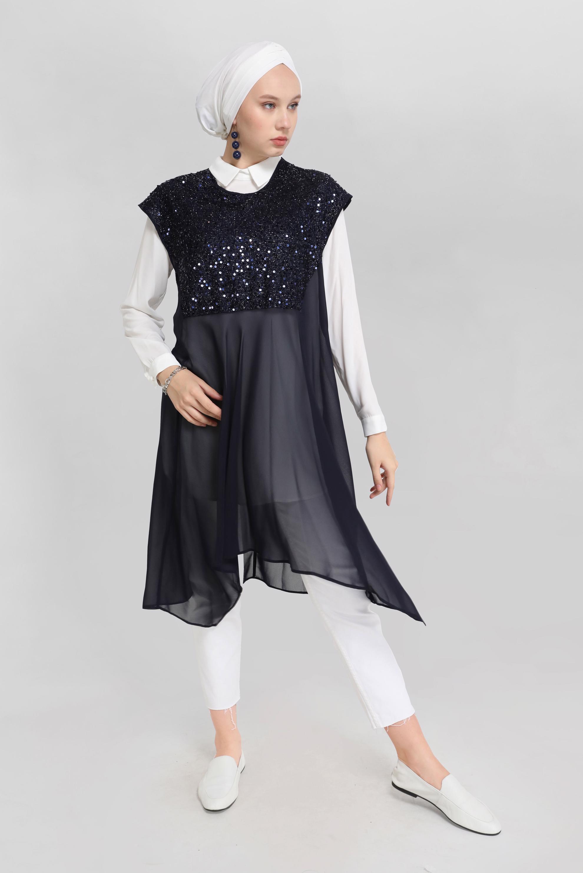 Tesettür giyim LACİVERT PUL PAYETLİ İKİLİ TUNİK 40569