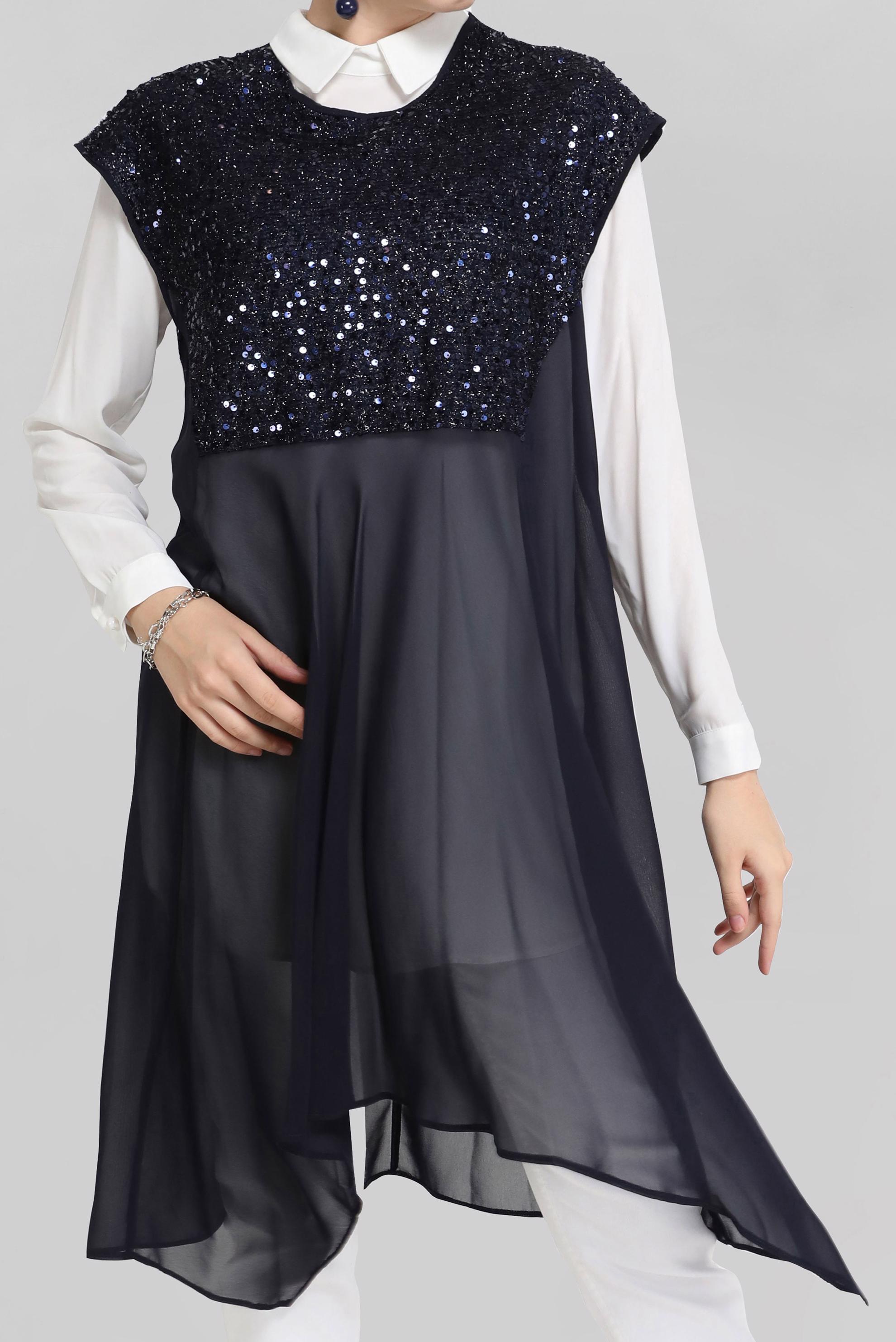 Tesettür giyim LACİVERT PUL PAYETLİ İKİLİ TUNİK 40569