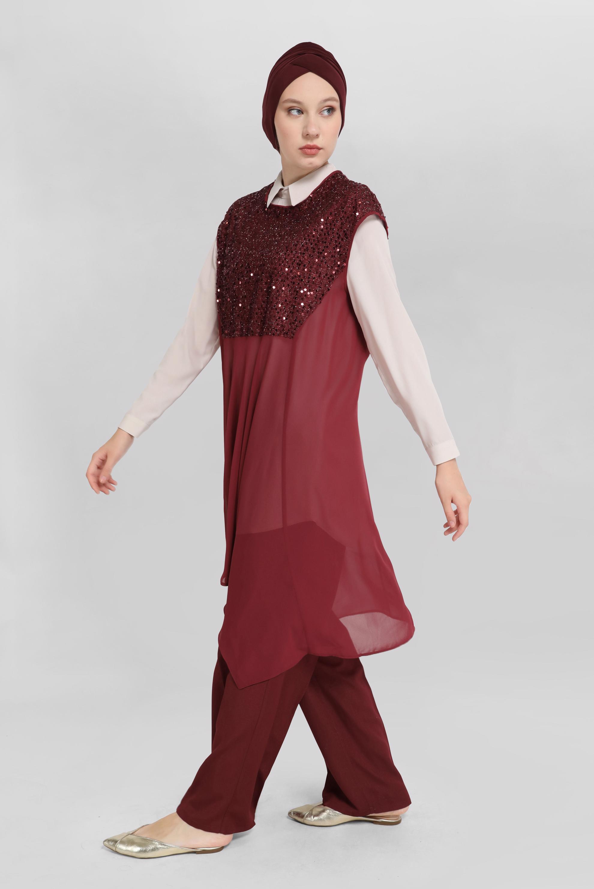 Tesettür giyim BORDO PUL PAYETLİ İKİLİ TUNİK 40569